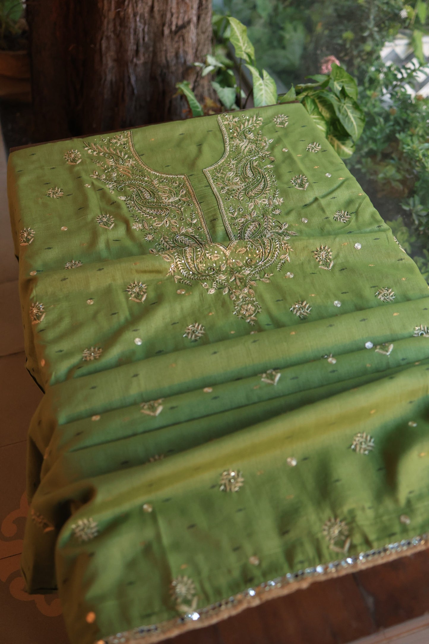 Moss Green Shade Jamdani X Chikankari Unstitched Fabric