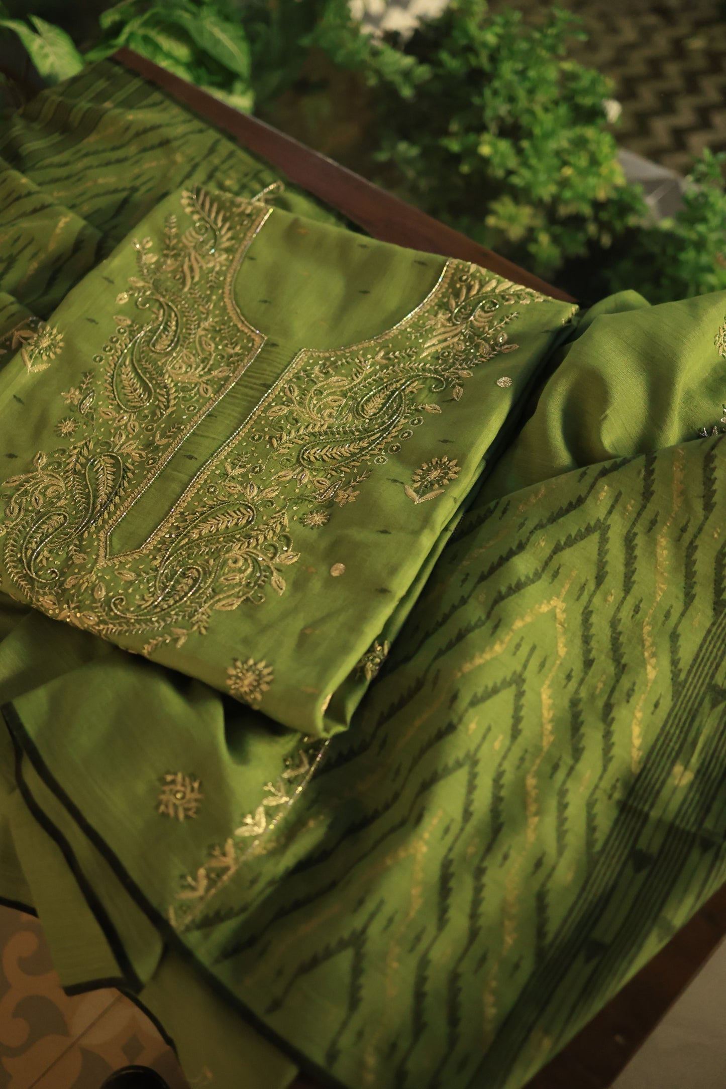 Moss Green Shade Jamdani X Chikankari Unstitched Fabric
