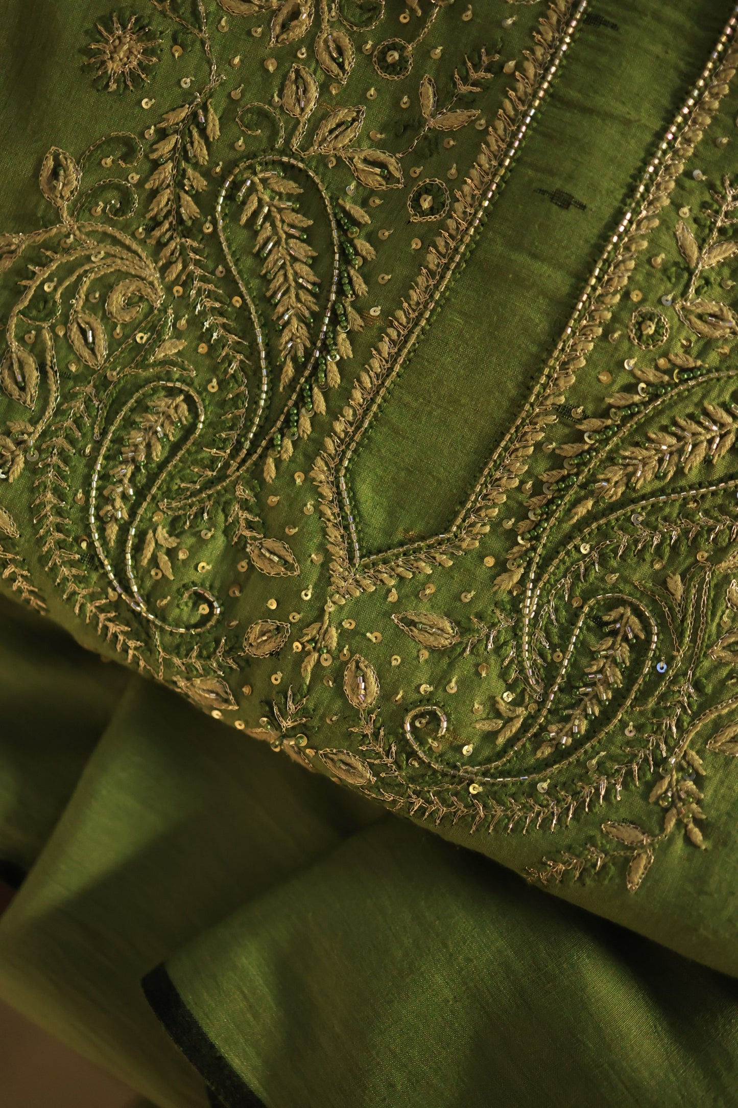 Moss Green Shade Jamdani X Chikankari Unstitched Fabric