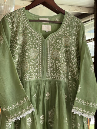 Moss Green Shade Malmal Tux Chikankari Kamdani Dress Kurta Set
