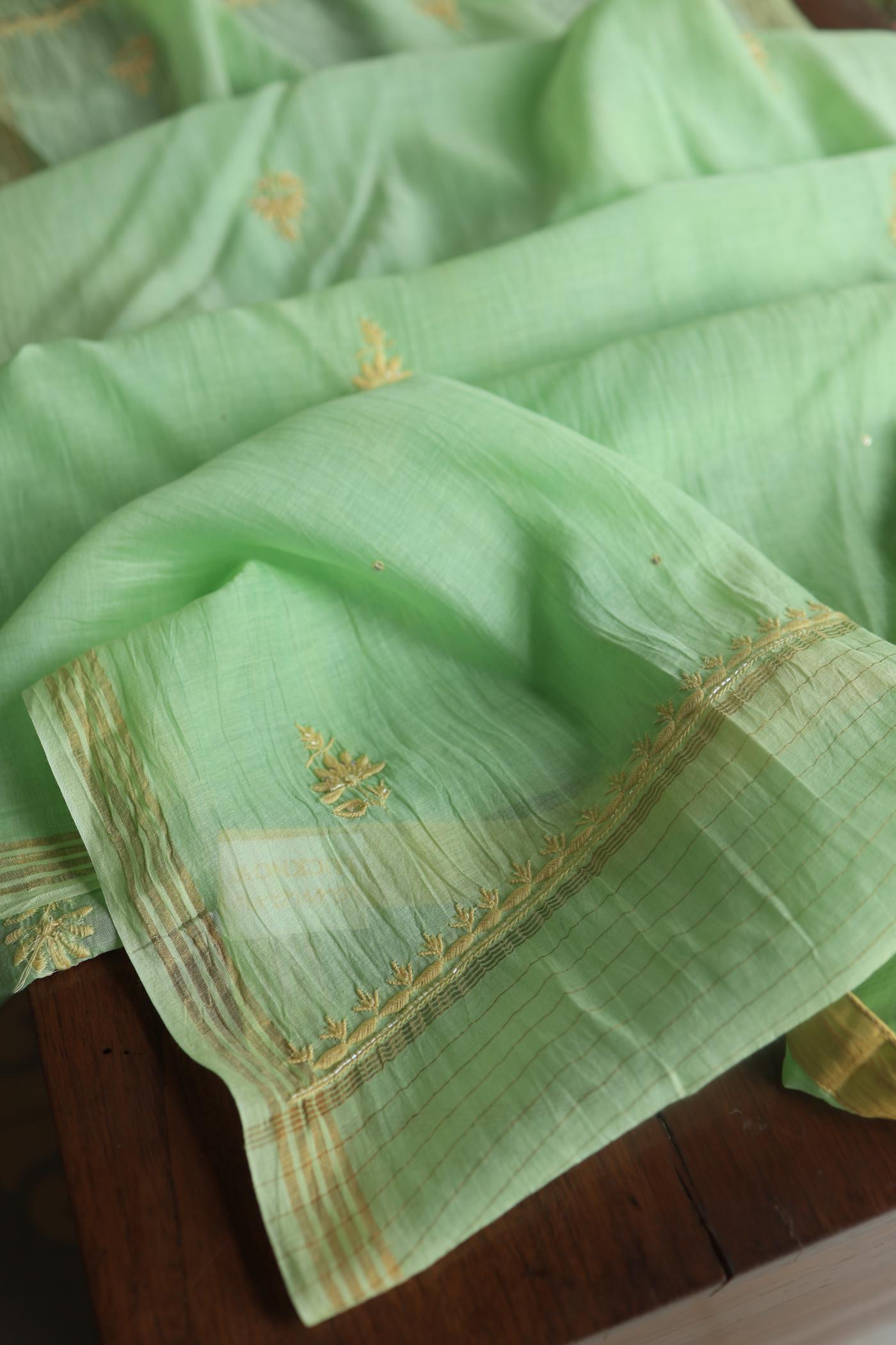 Moss Green Mal Chanderi Silk Chikankari With Sequins Unstitched Kurta Dupatta Set