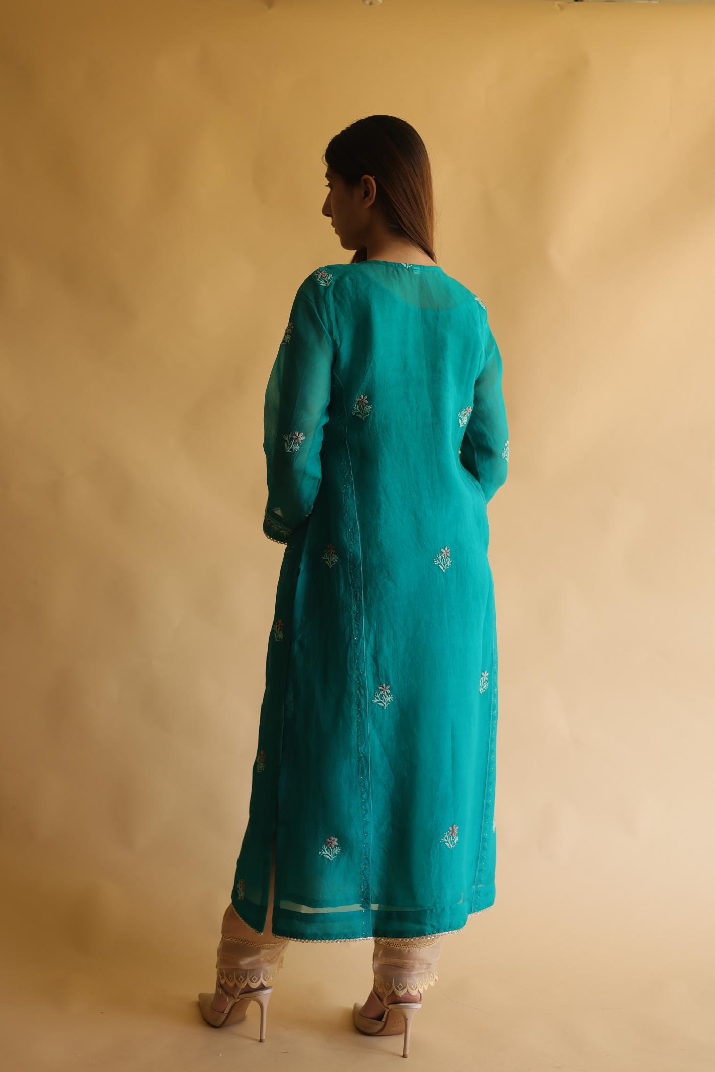 Teal Green Noor Organza Silk Chikankari With Mukaish Kamdani Work Kurta Dupatta Set