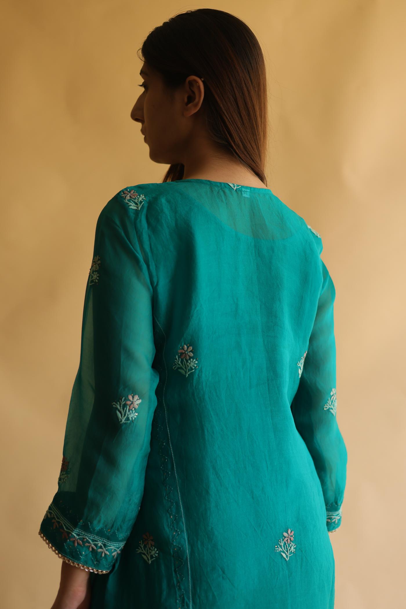 Teal Green Noor Organza Silk Chikankari With Mukaish Kamdani Work Kurta Dupatta Set