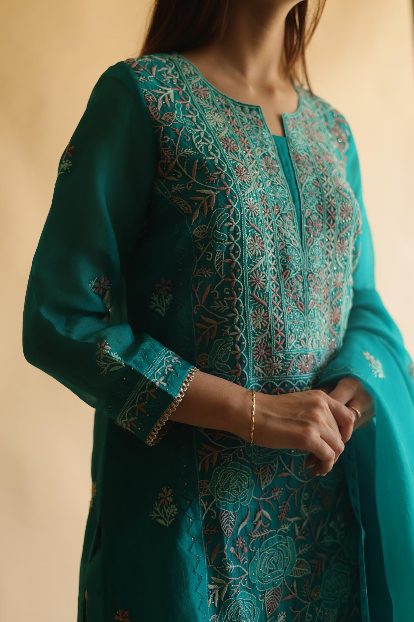 Teal Green Noor Organza Silk Chikankari With Mukaish Kamdani Work Kurta Dupatta Set