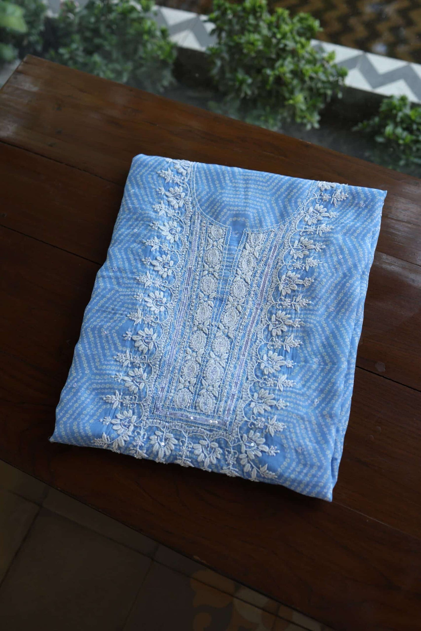 Blue Floral Muslin Chikankari Kurta Fabric