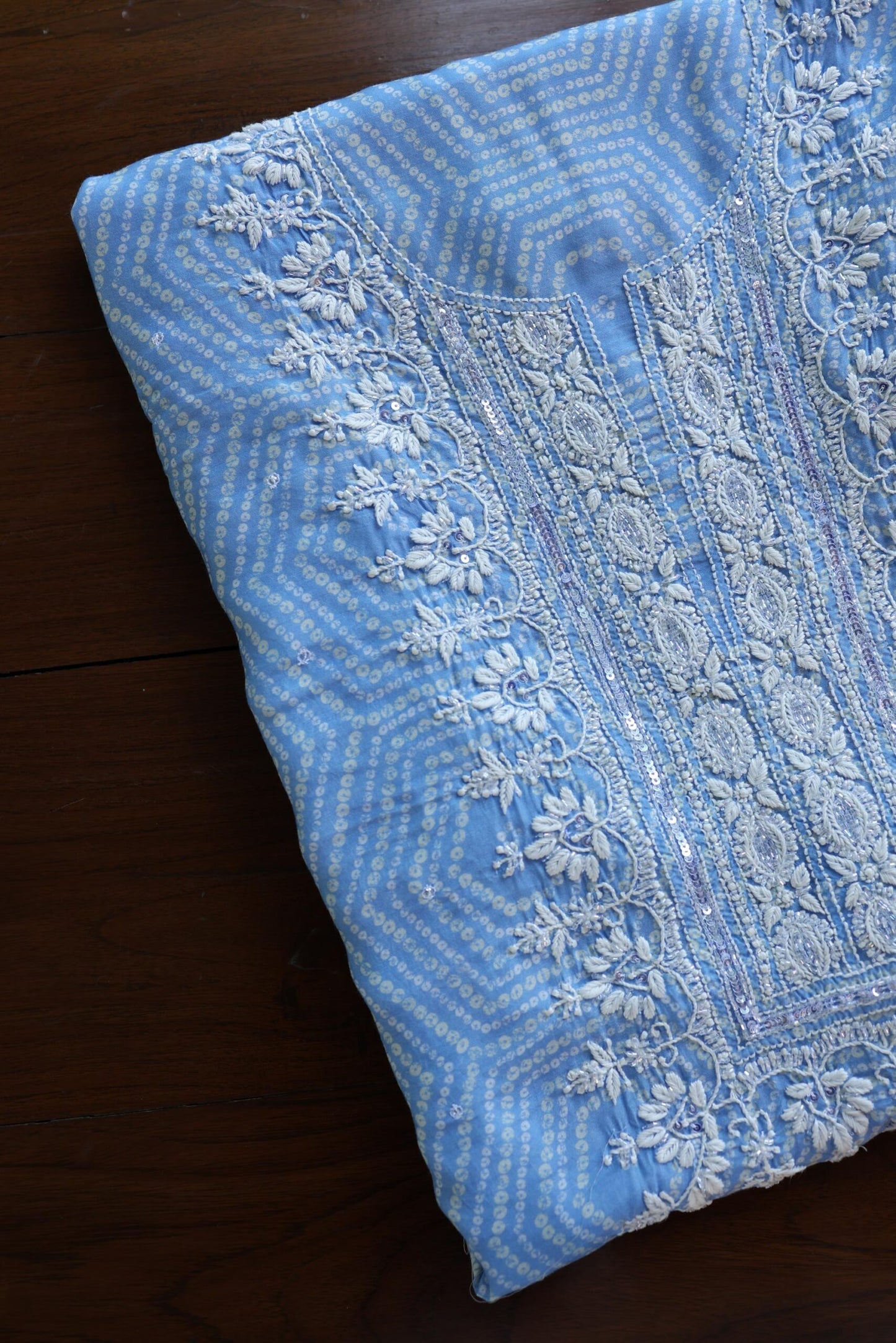 Blue Floral Muslin Chikankari Kurta Fabric