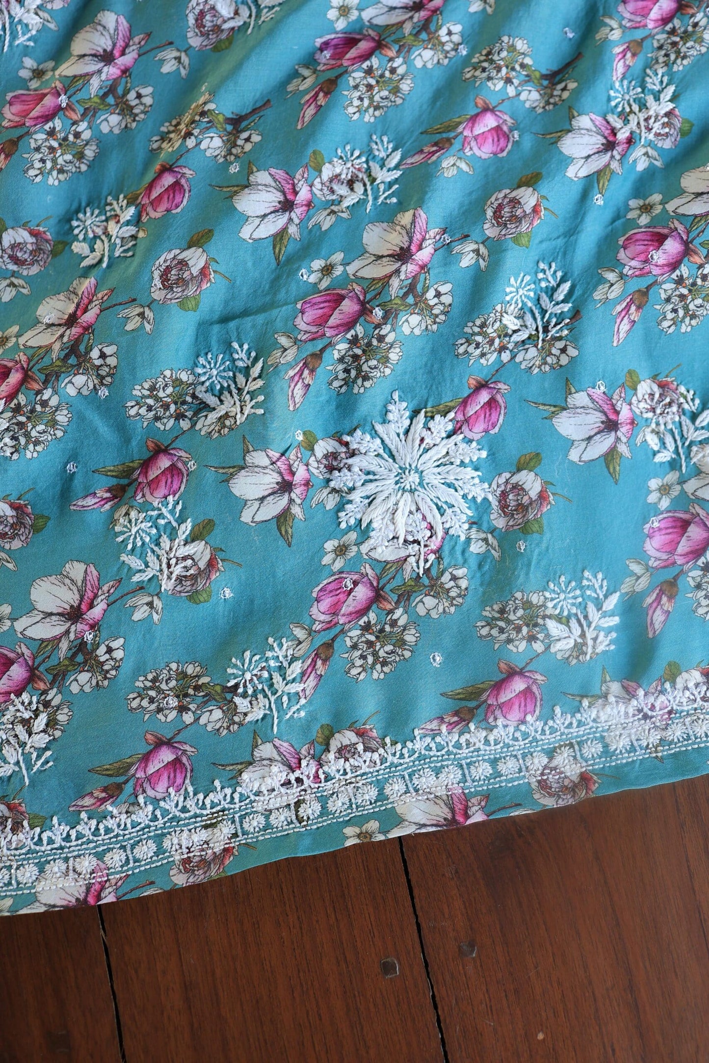 Blue Multi Thread Muslin Chikankari Kurta Fabric