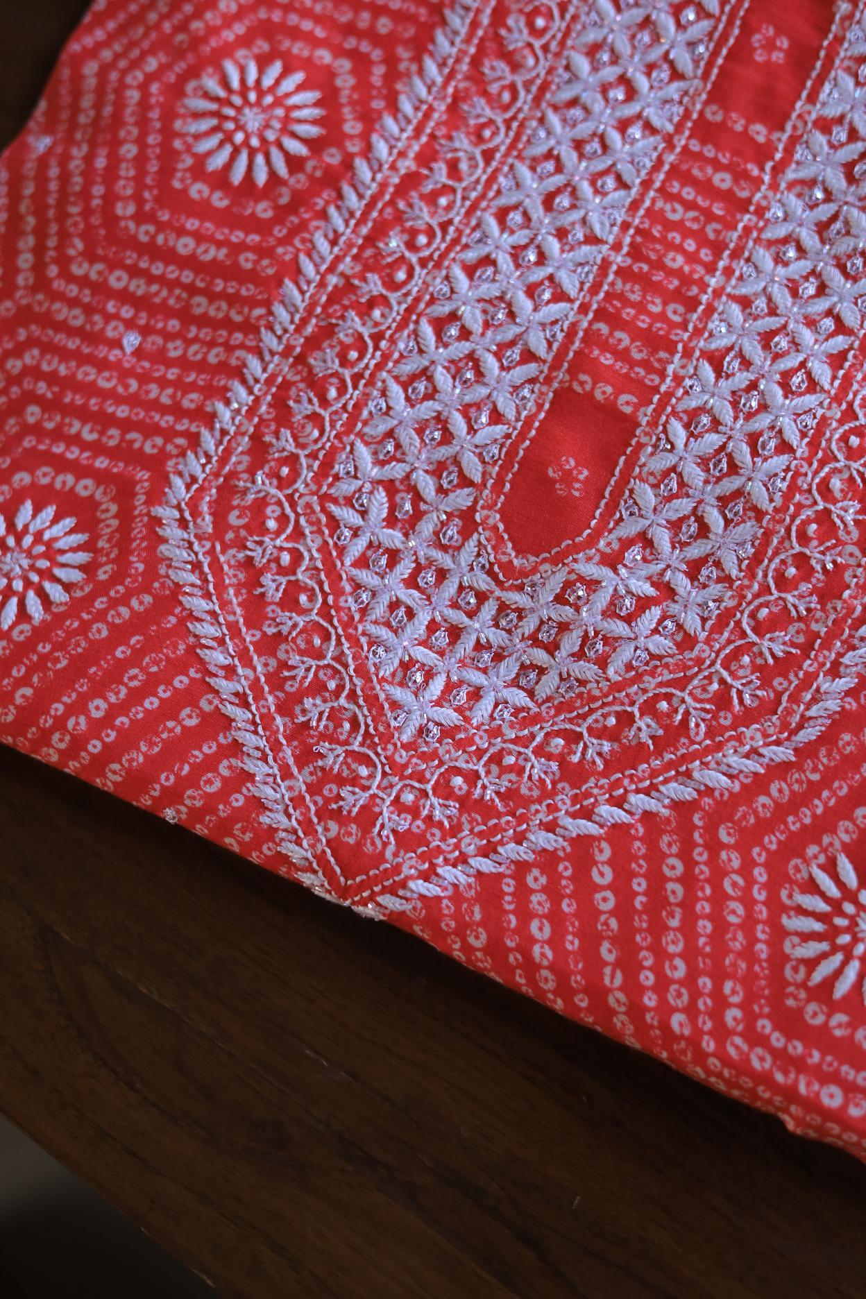 Carrot Pink Muslin Chikankari Unstitched Women's Kurta Fabrics