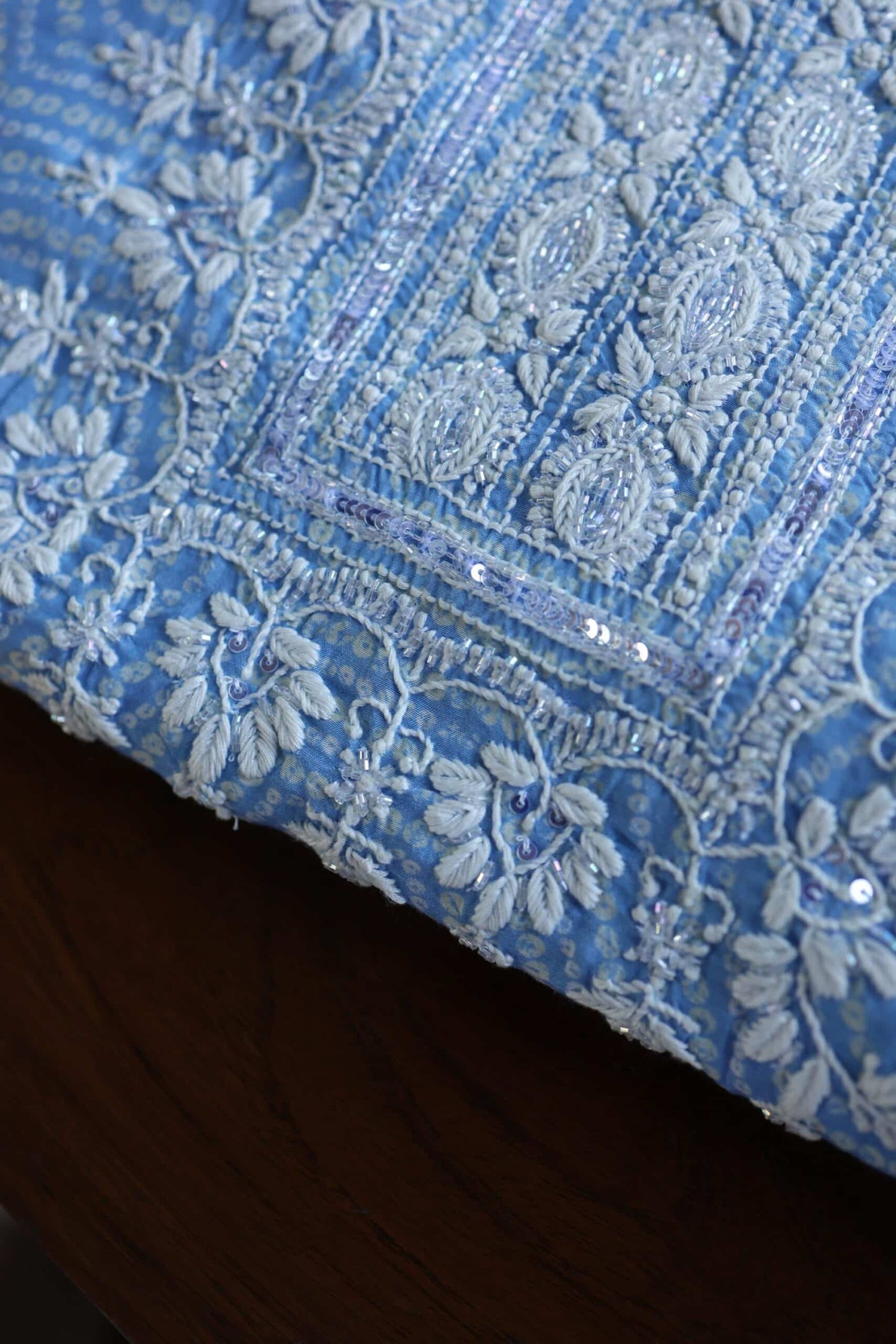 Blue Floral Muslin Chikankari Kurta Fabric