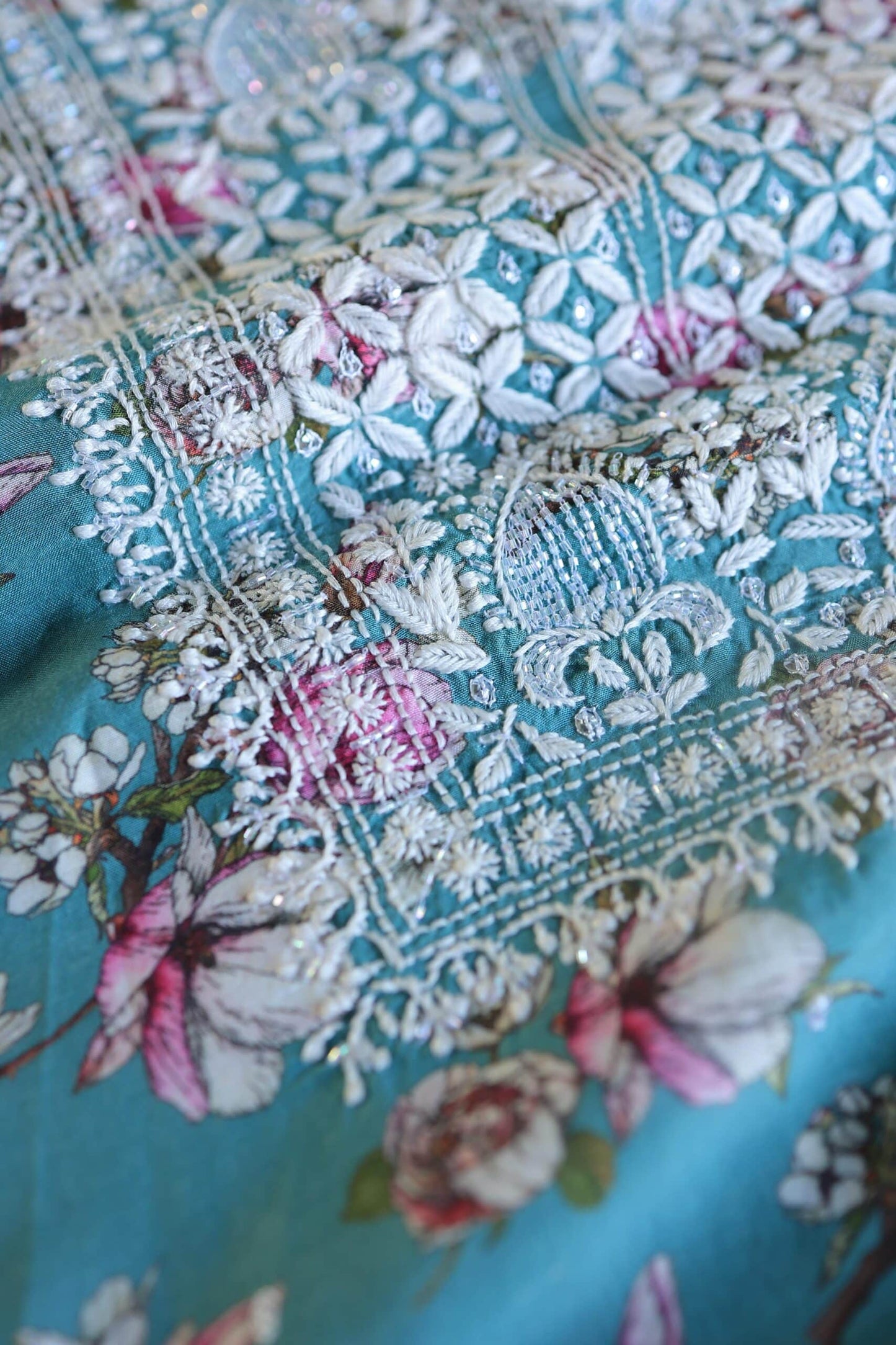 Blue Multi Thread Muslin Chikankari Kurta Fabric