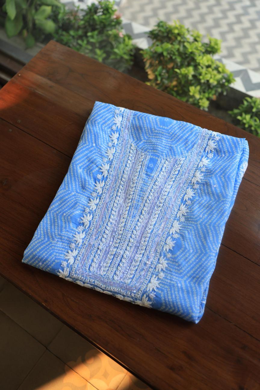 Blue Muslin Chikankari Unstitched Women's Kurta Fabric