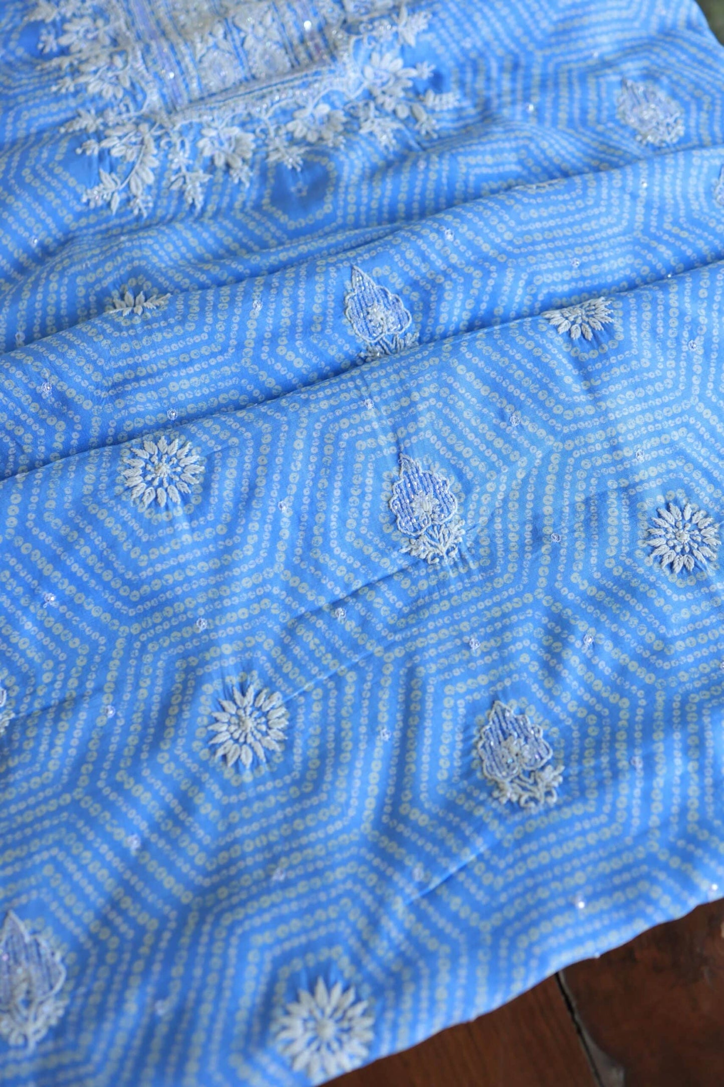 Blue Floral Muslin Chikankari Kurta Fabric