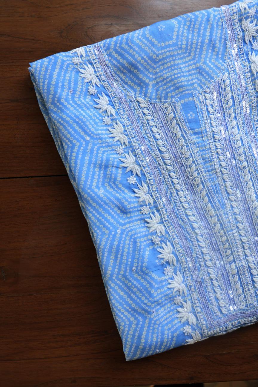 Blue Muslin Chikankari Unstitched Women's Kurta Fabric