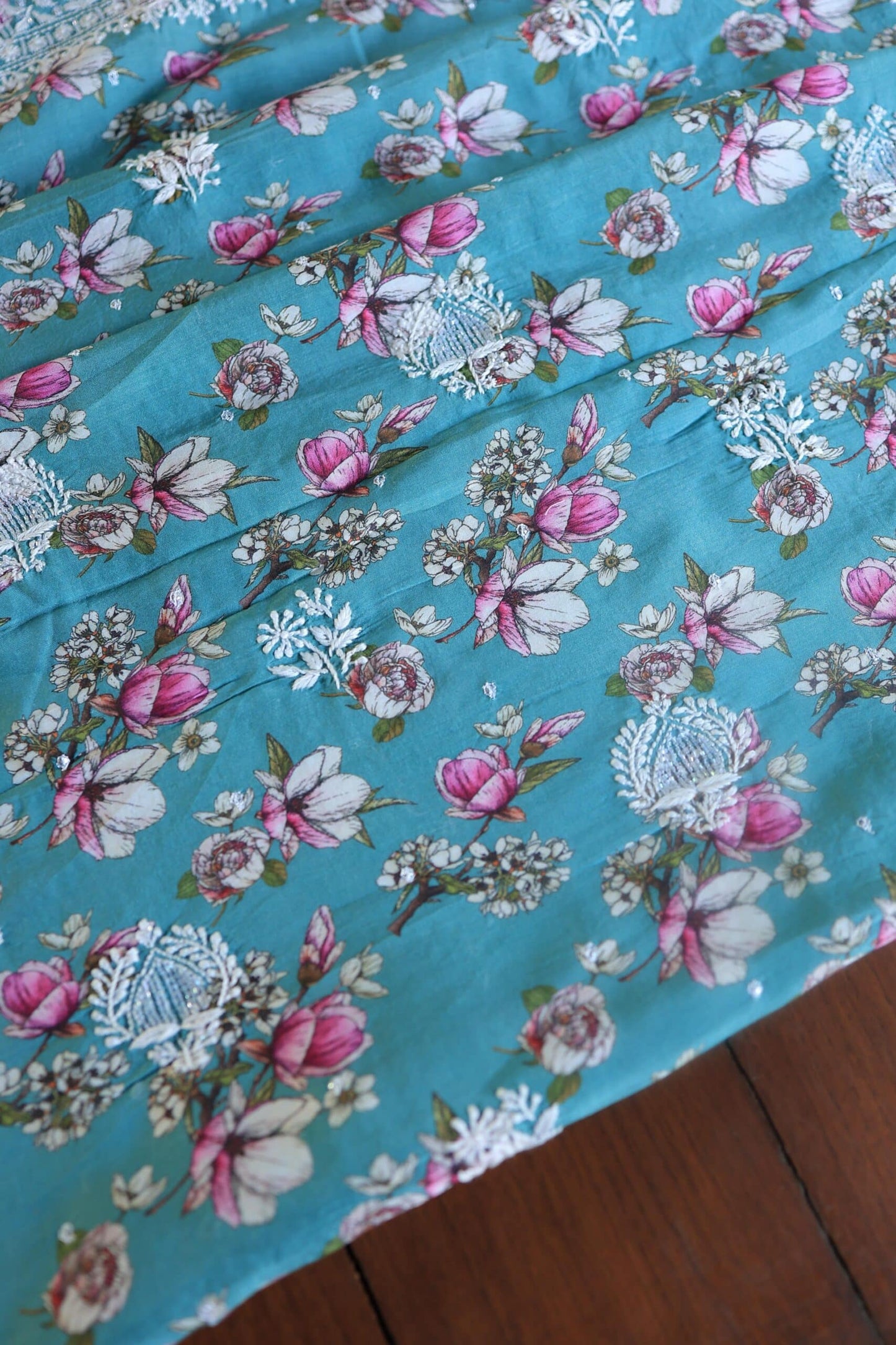 Blue Multi Thread Muslin Chikankari Kurta Fabric
