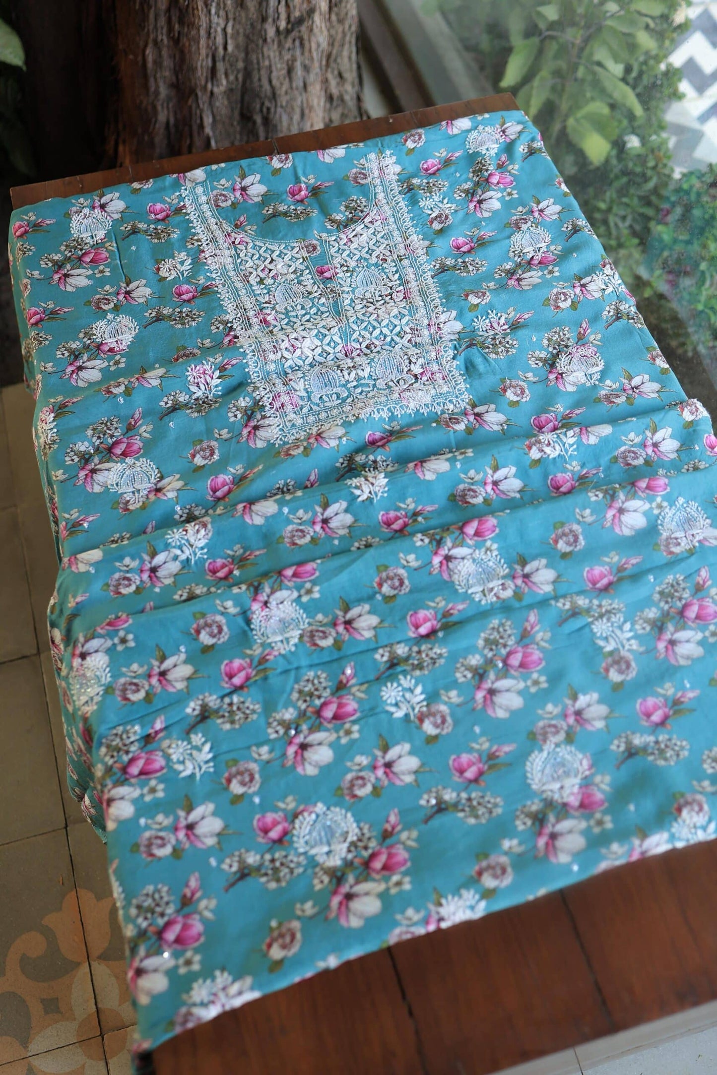 Blue Multi Thread Muslin Chikankari Kurta Fabric