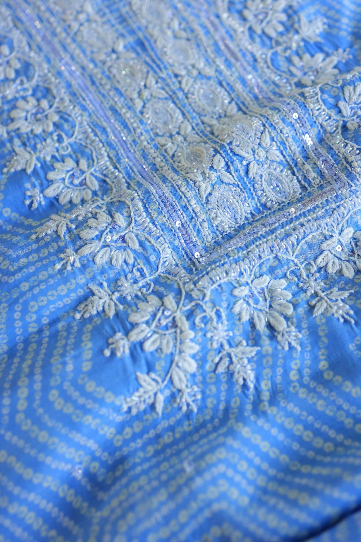 Blue Floral Muslin Chikankari Kurta Fabric