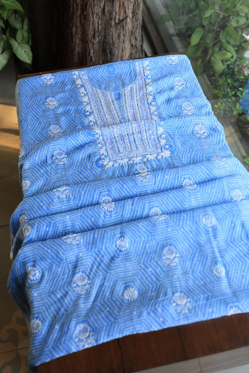 Blue Muslin Chikankari Unstitched Women's Kurta Fabric