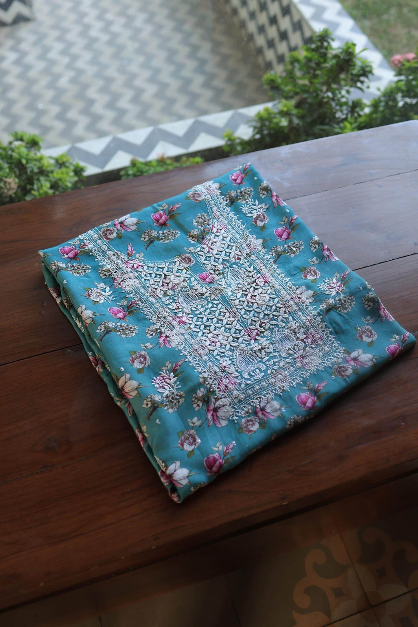 Blue Multi Thread Muslin Chikankari Kurta Fabric