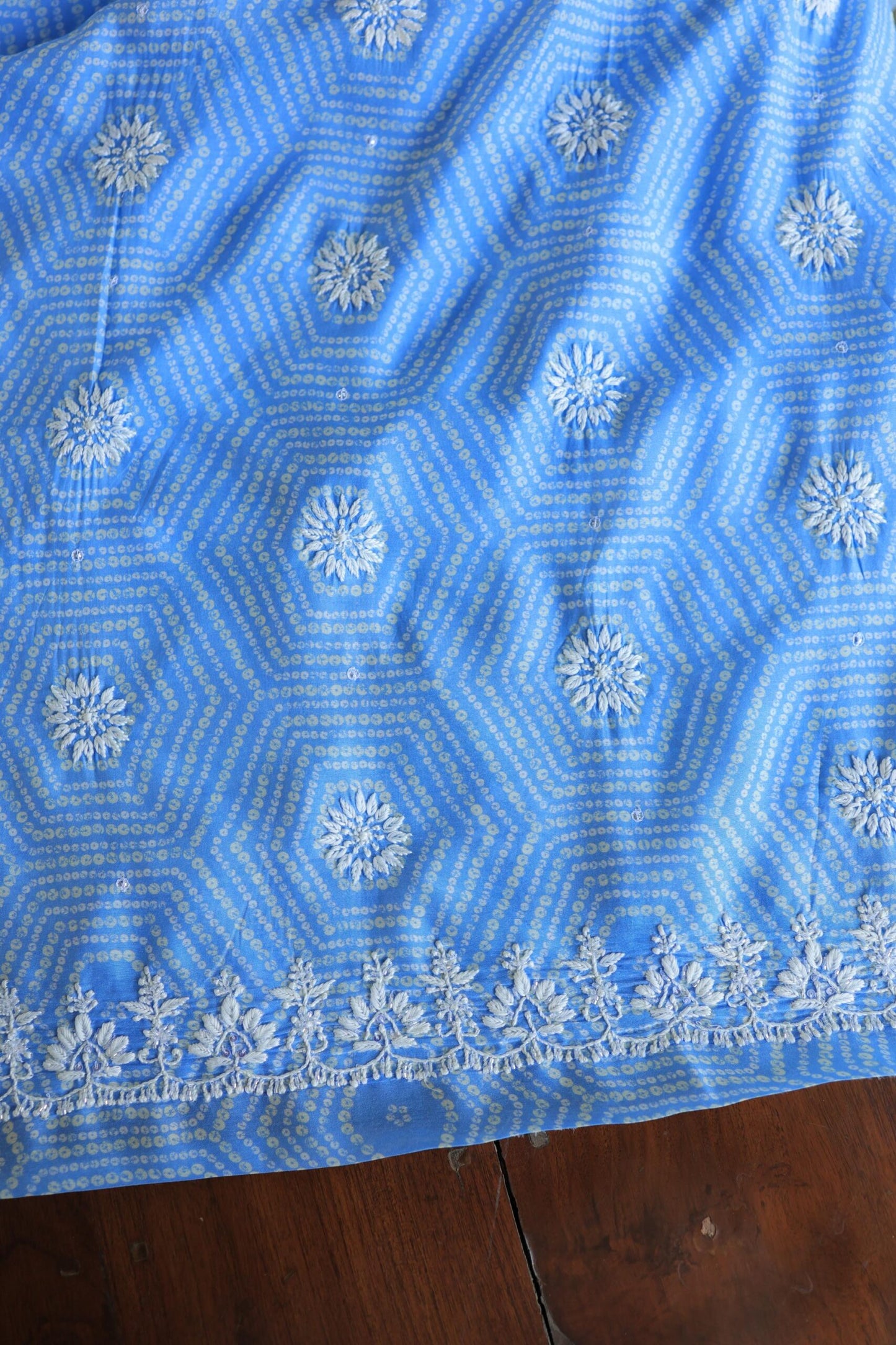 Blue Floral Muslin Chikankari Kurta Fabric