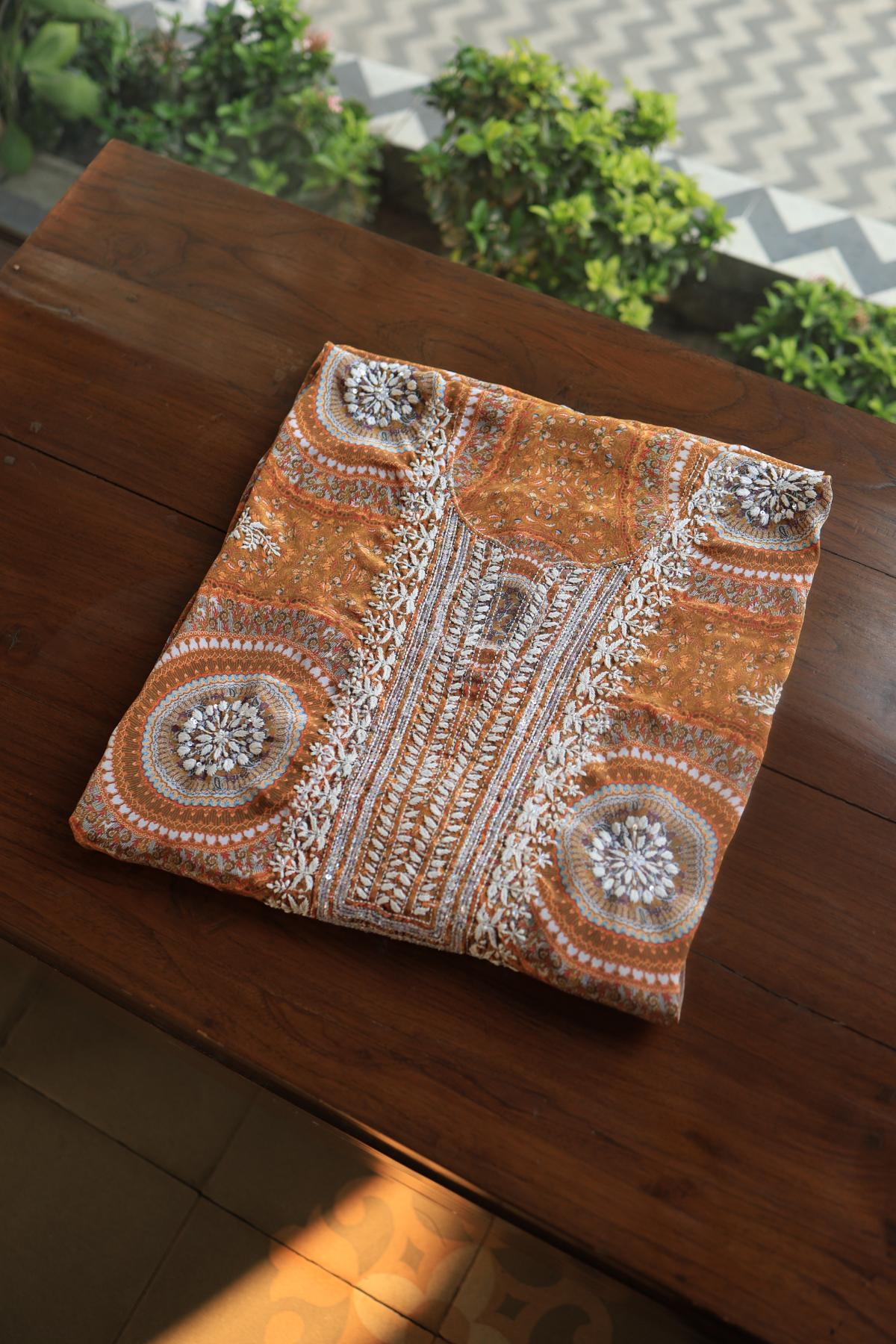 Gold Yellow Muslin Chikankari Kurta Fabric