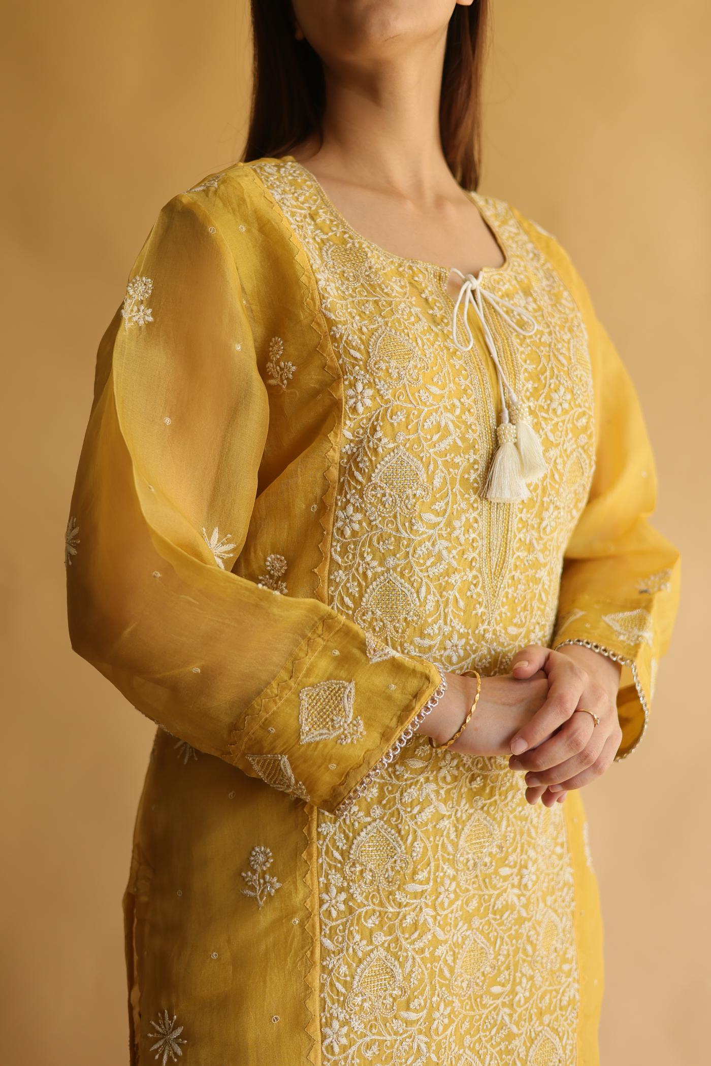 Mustard Noor Organza Silk Chikankari Straight Cut Kurta Dupatta Set