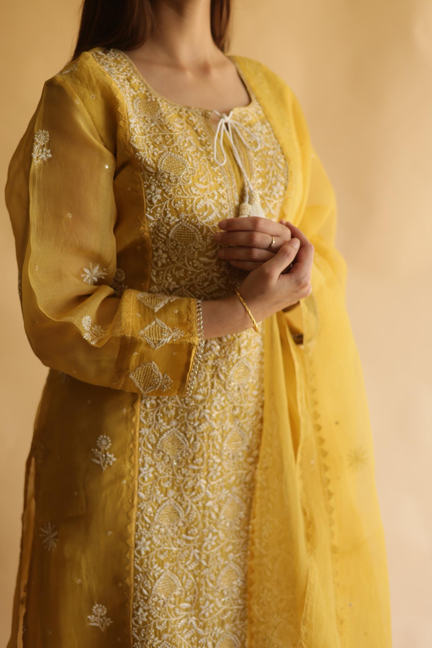 Mustard Noor Organza Silk Chikankari Straight Cut Kurta Dupatta Set