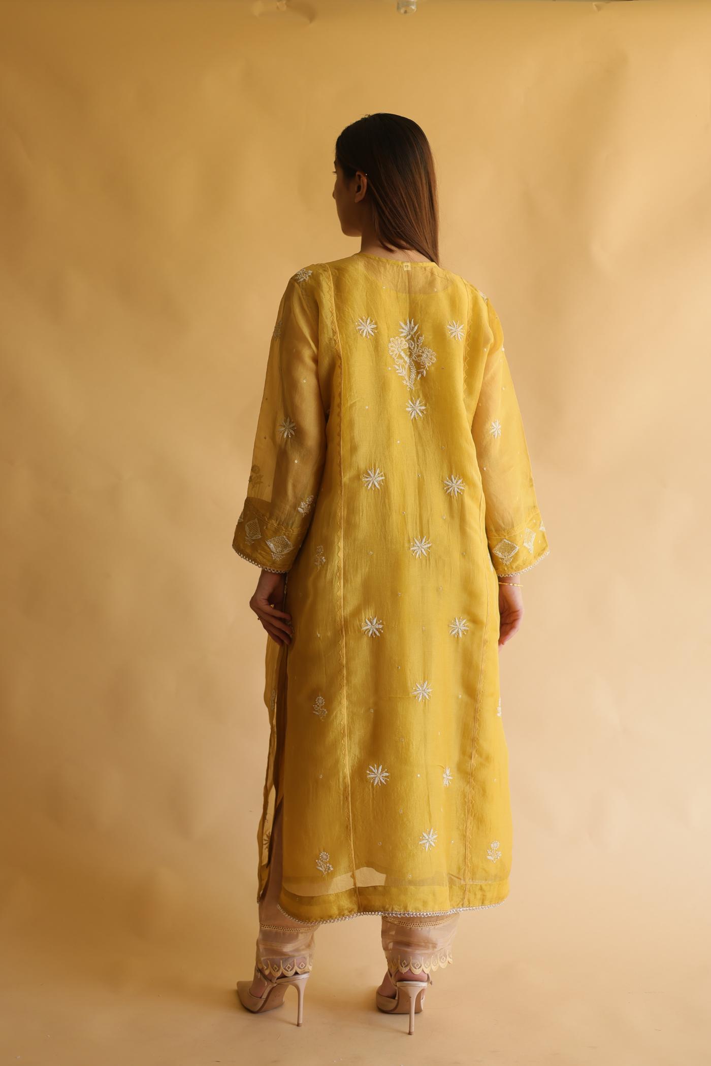 Mustard Noor Organza Silk Chikankari Straight Cut Kurta Dupatta Set