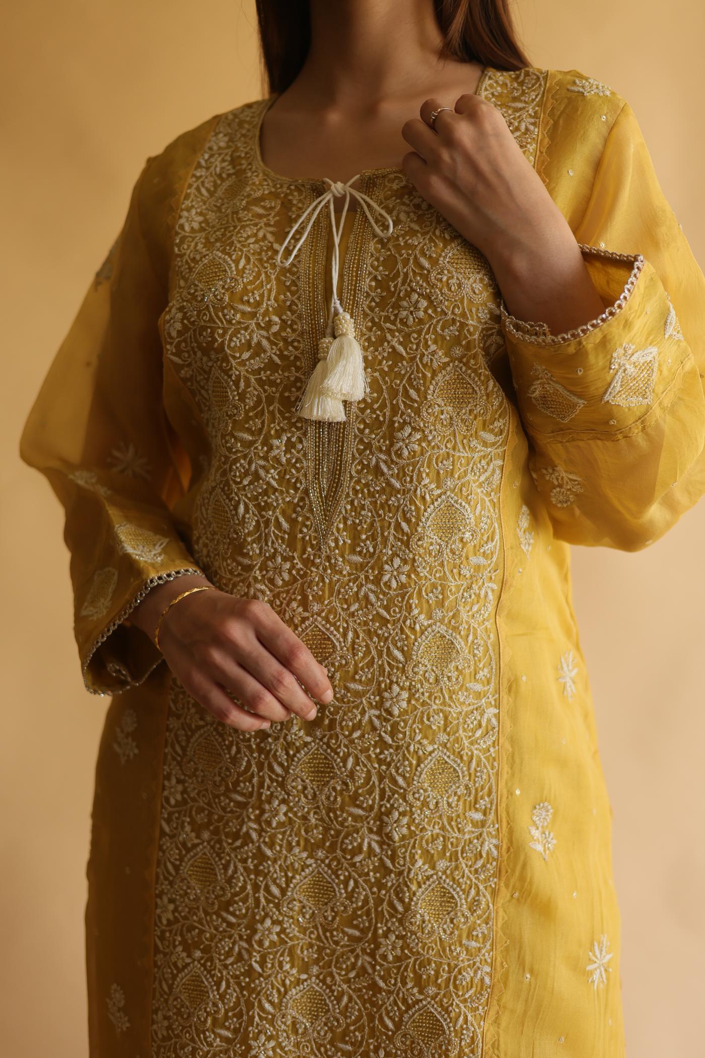 Mustard Noor Organza Silk Chikankari Straight Cut Kurta Dupatta Set