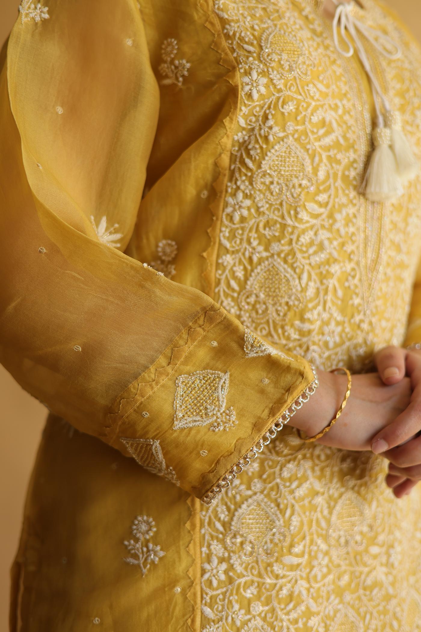 Mustard Noor Organza Silk Chikankari Straight Cut Kurta Dupatta Set