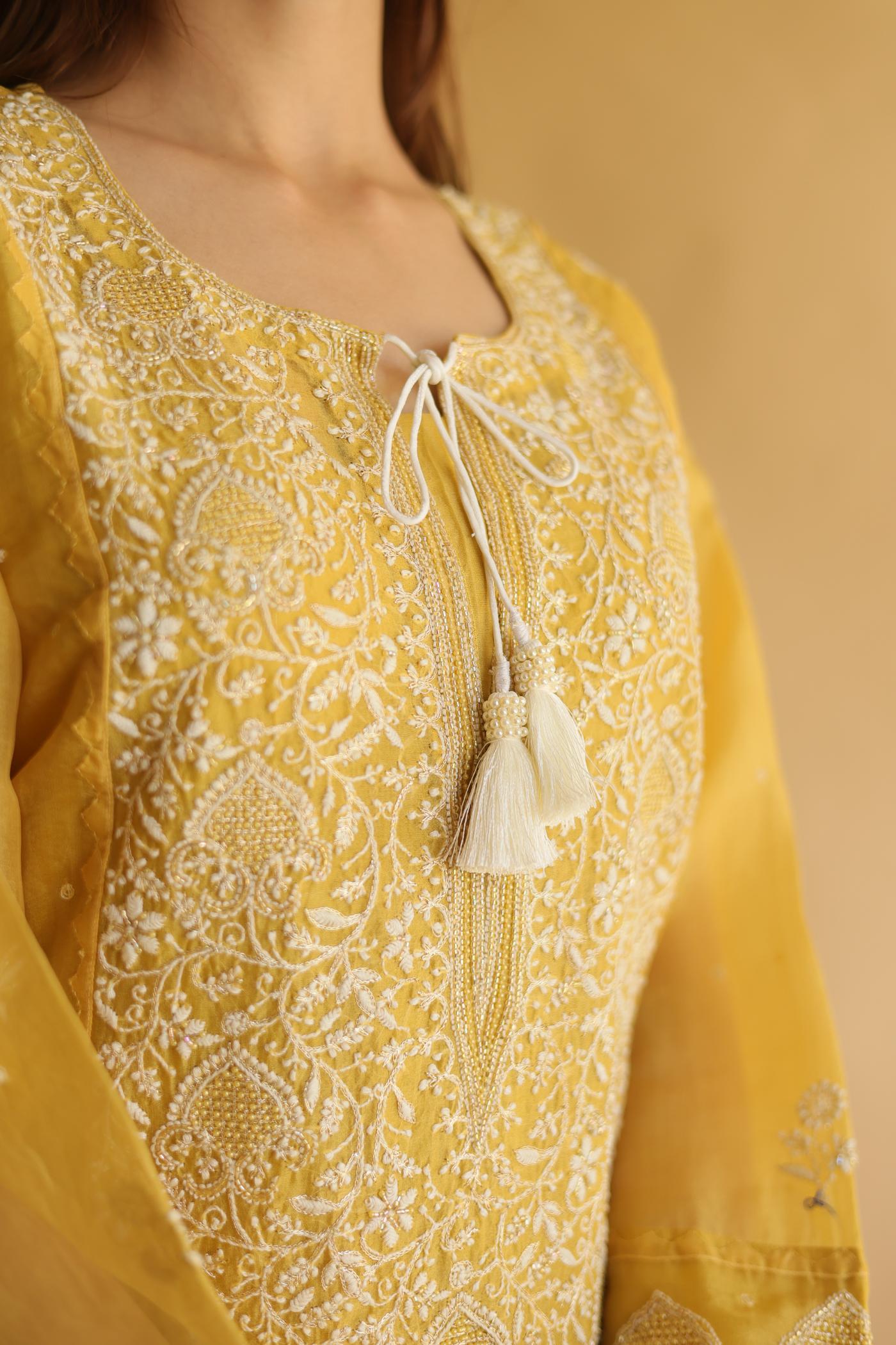 Mustard Noor Organza Silk Chikankari Straight Cut Kurta Dupatta Set