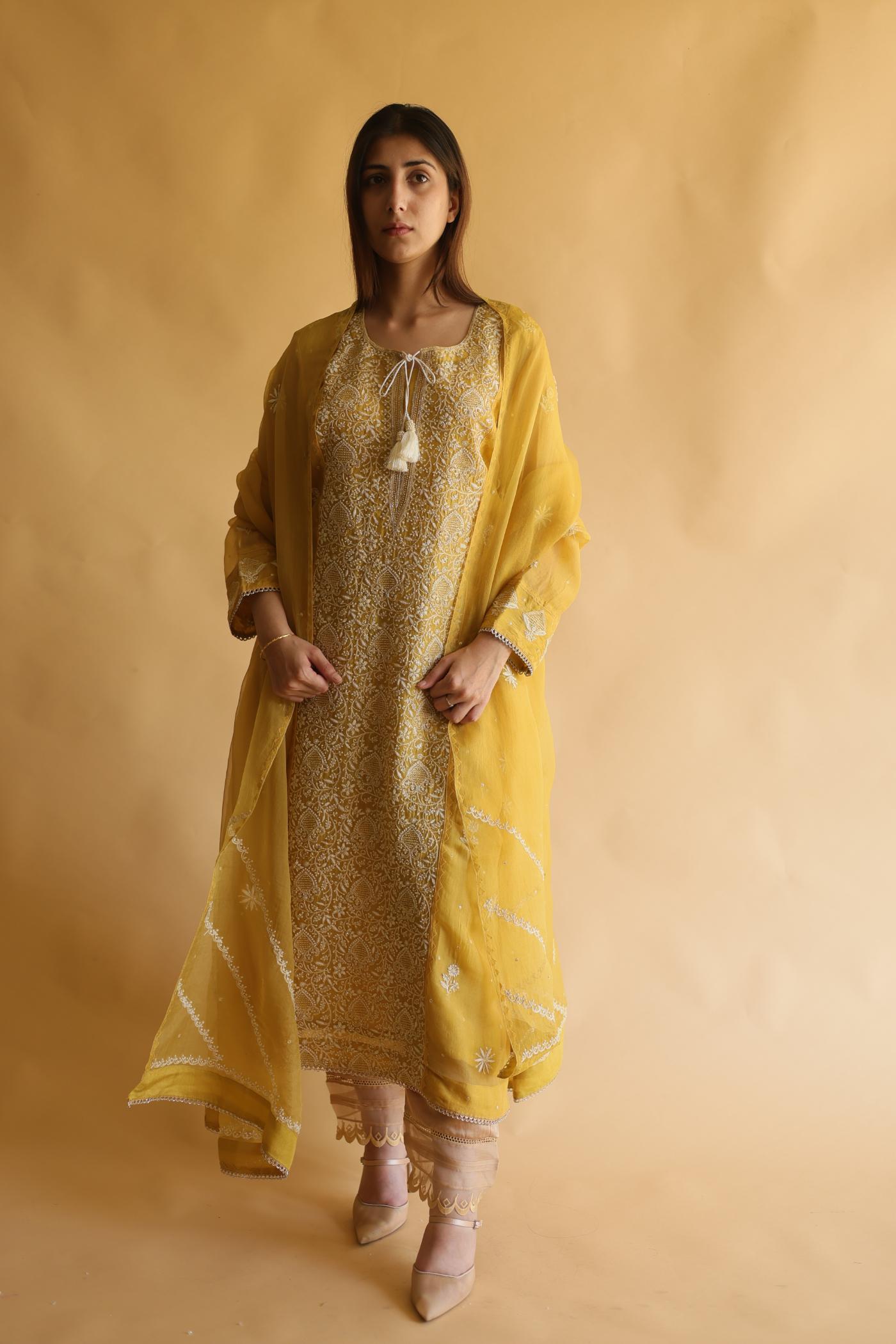 Mustard Noor Organza Silk Chikankari Straight Cut Kurta Dupatta Set