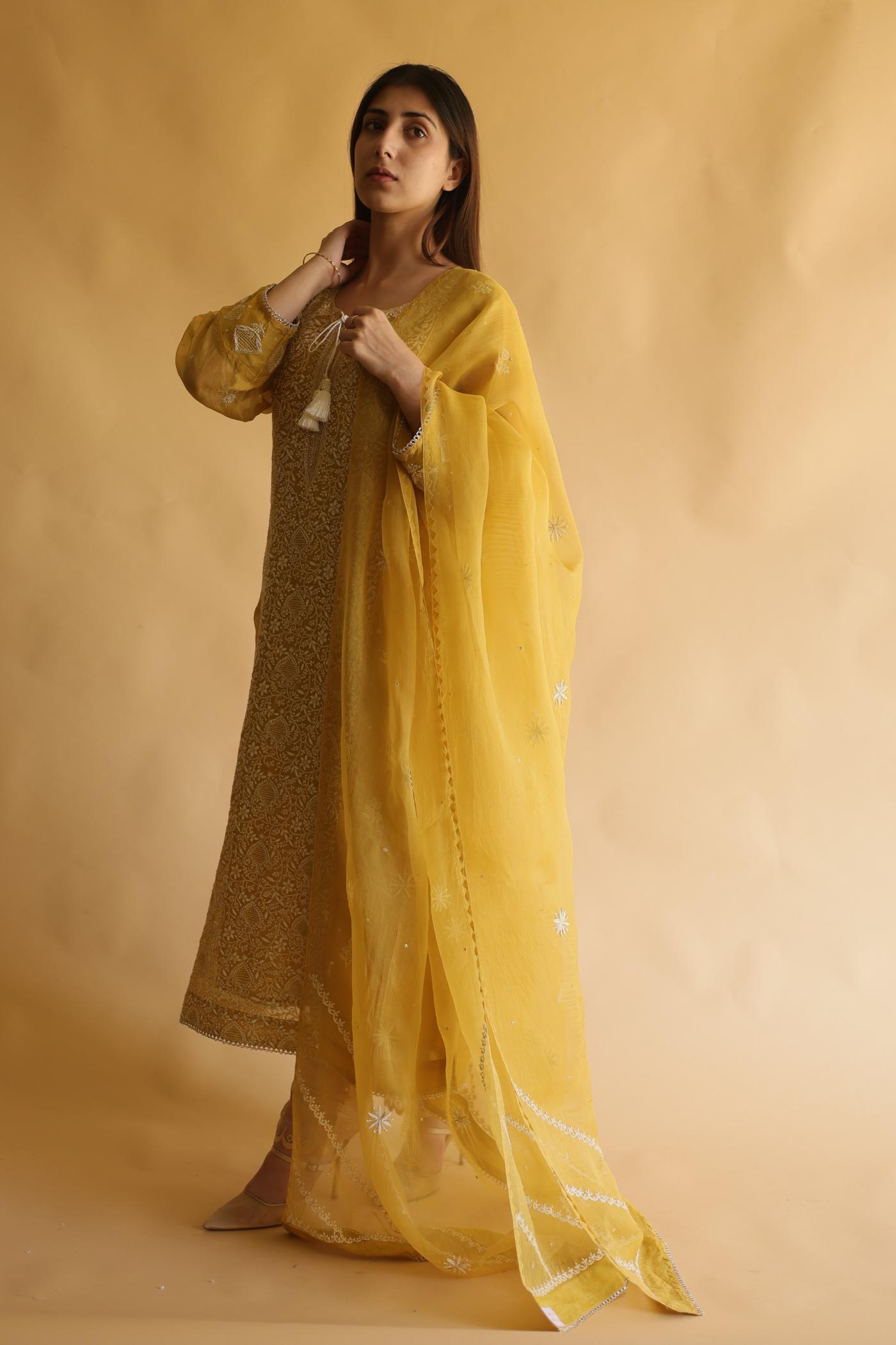 Mustard Noor Organza Silk Chikankari Straight Cut Kurta Dupatta Set