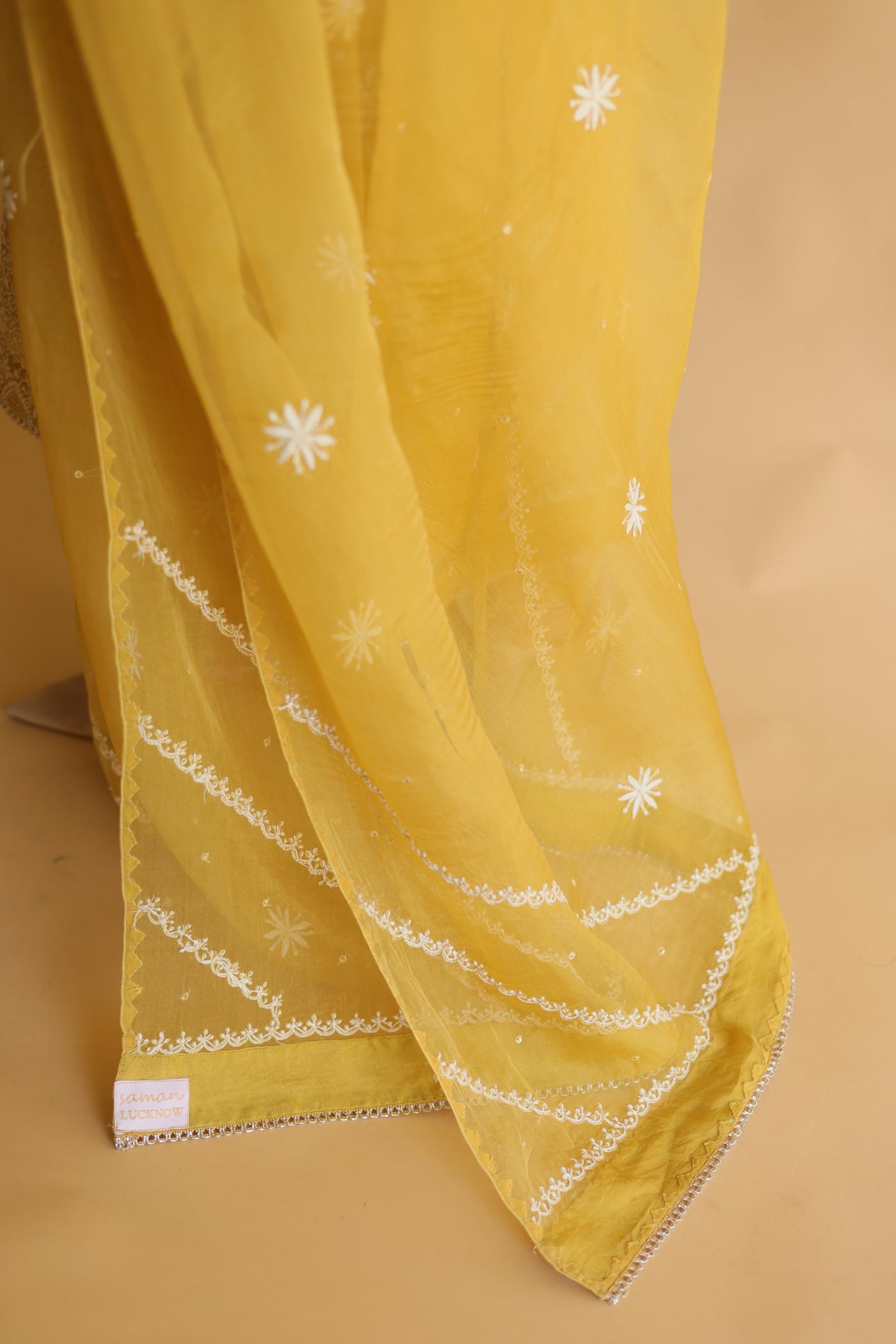 Mustard Noor Organza Silk Chikankari Straight Cut Kurta Dupatta Set