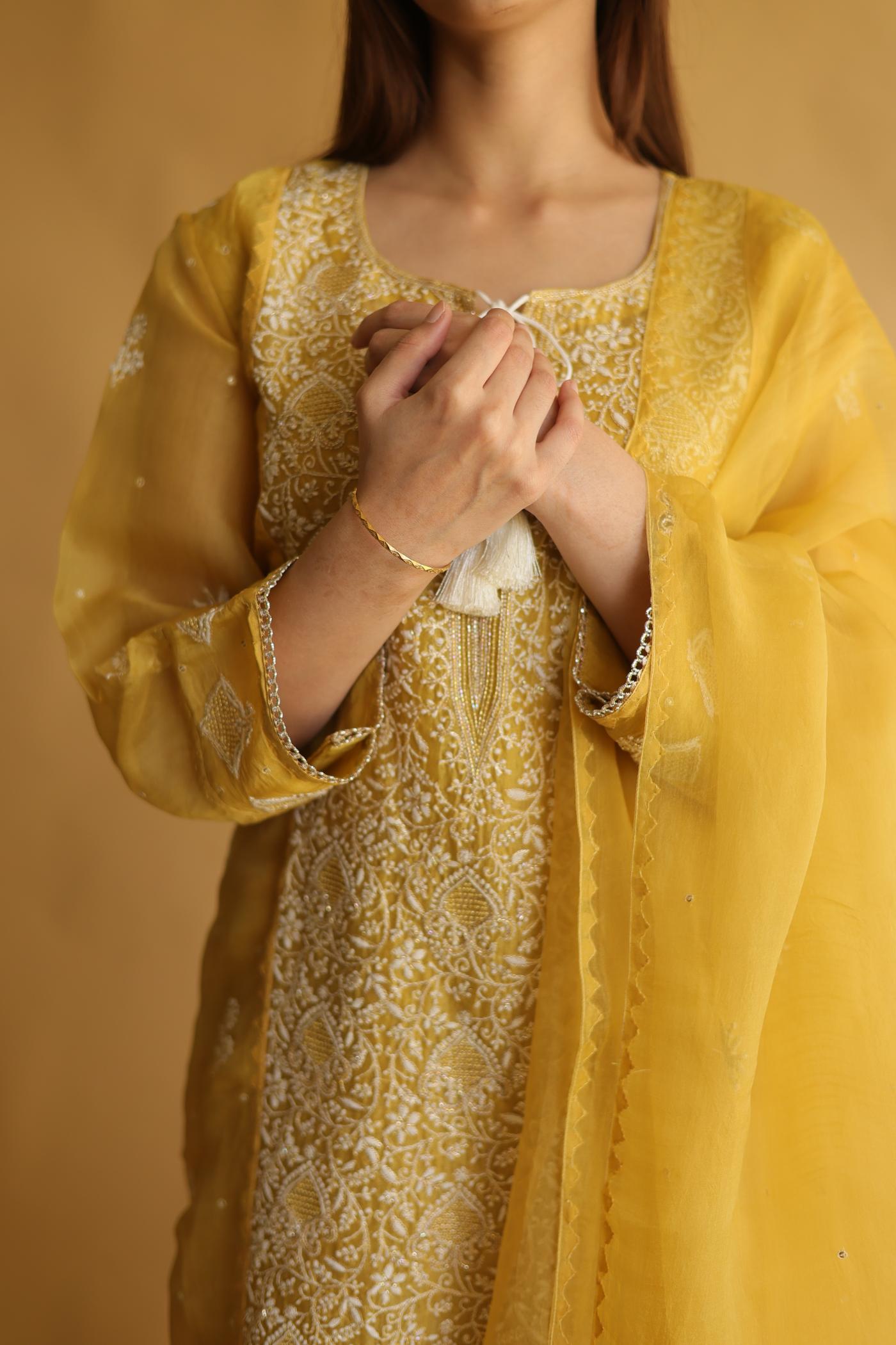 Mustard Noor Organza Silk Chikankari Straight Cut Kurta Dupatta Set