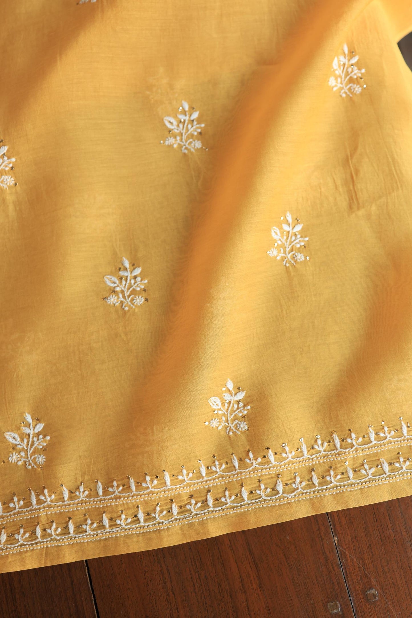 Mustard Shade Mal Cotton Fine Chikankari Unstitched Fabric