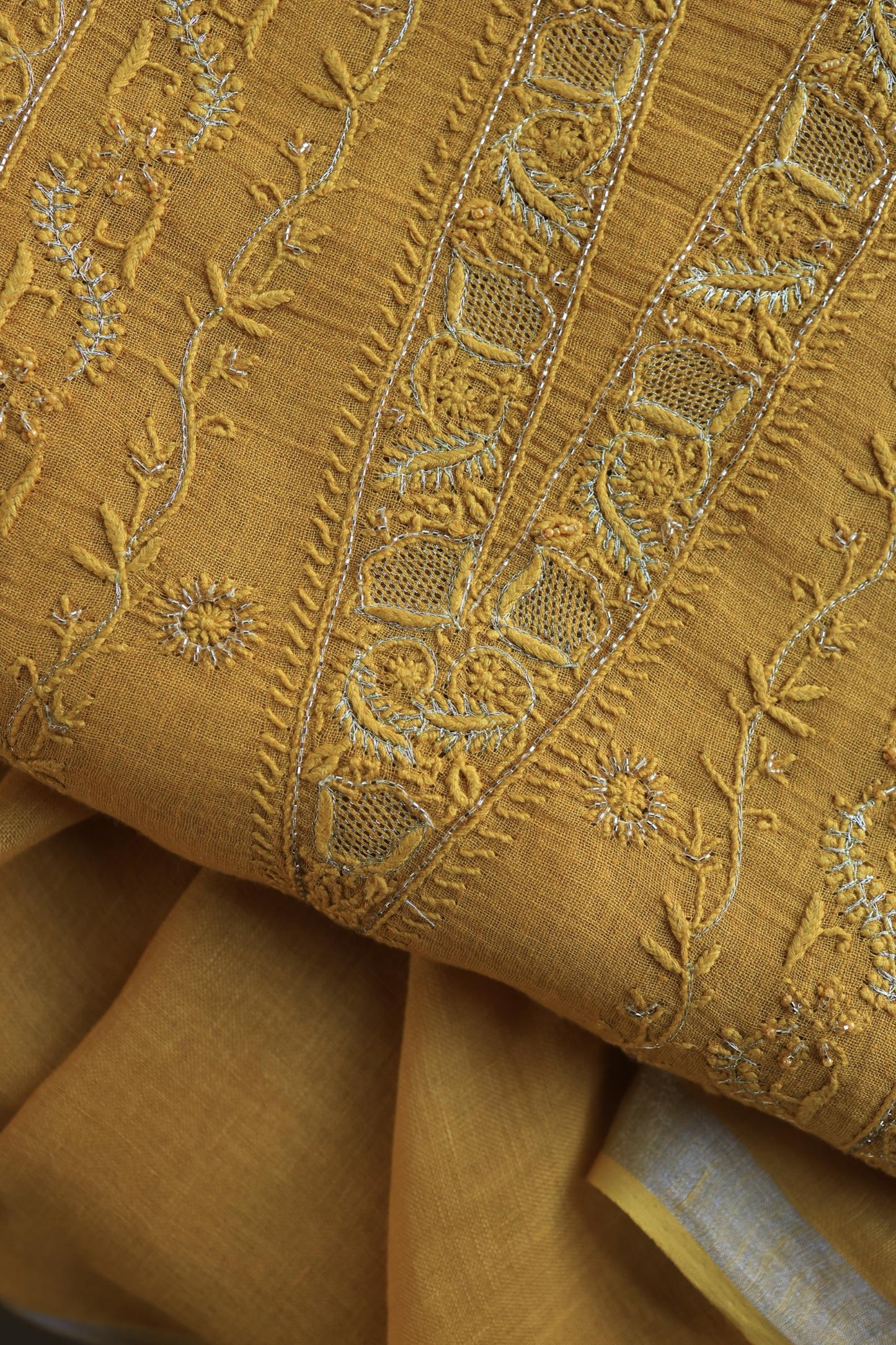 Mustard Yellow Shade Rasm Silk Chikankari With Ari Work Unstitched Kurta Dupatta Set