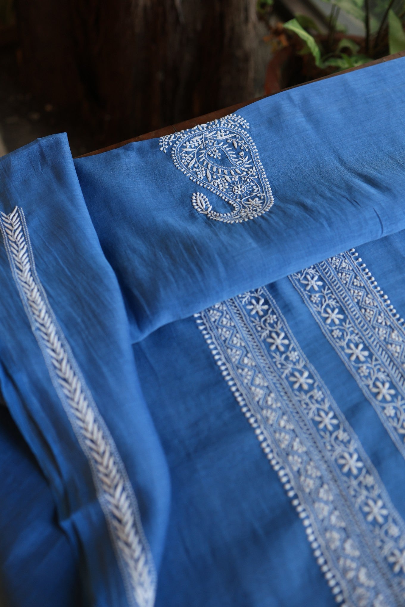 Muted Blue Mulmul Chikankari Unstitched Men's Kurtas Fabric