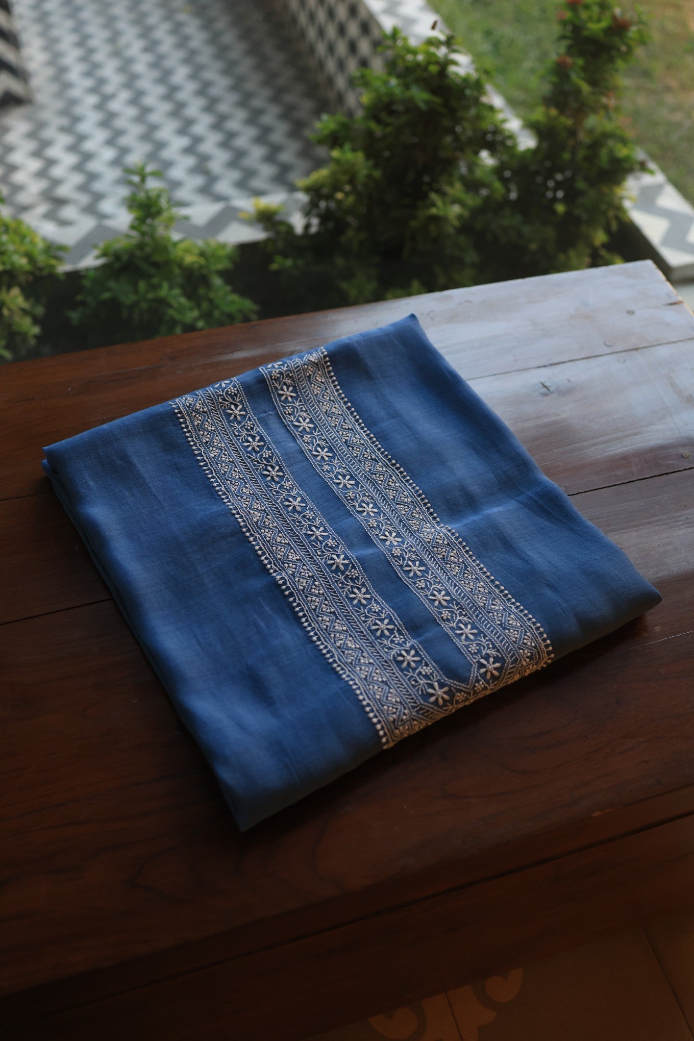 Muted Blue Mulmul Chikankari Unstitched Men's Kurtas Fabric