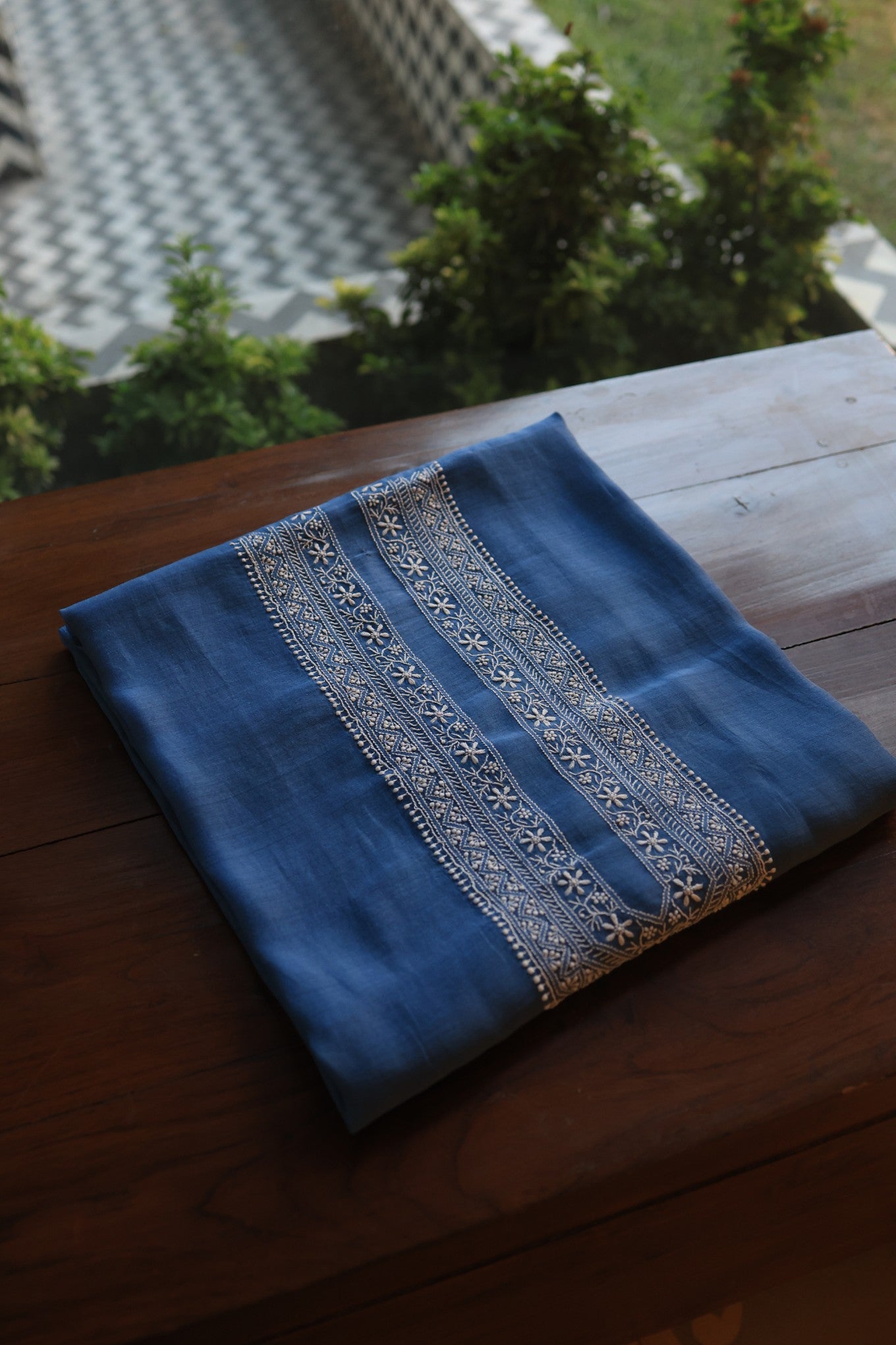 Muted Blue Mulmul Chikankari Unstitched Men's Kurtas Fabric