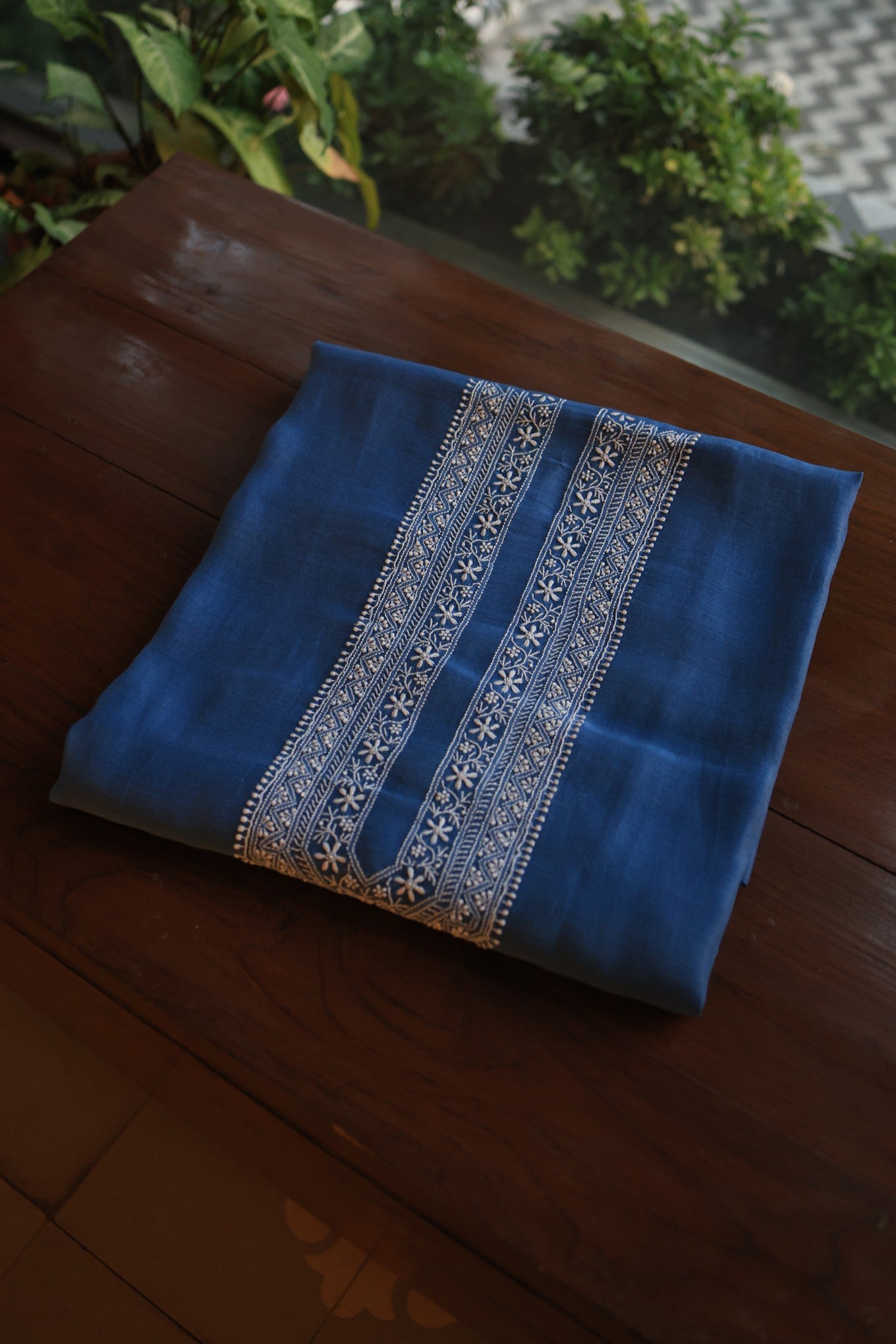 Muted Blue Mulmul Chikankari Unstitched Men's Kurtas Fabric