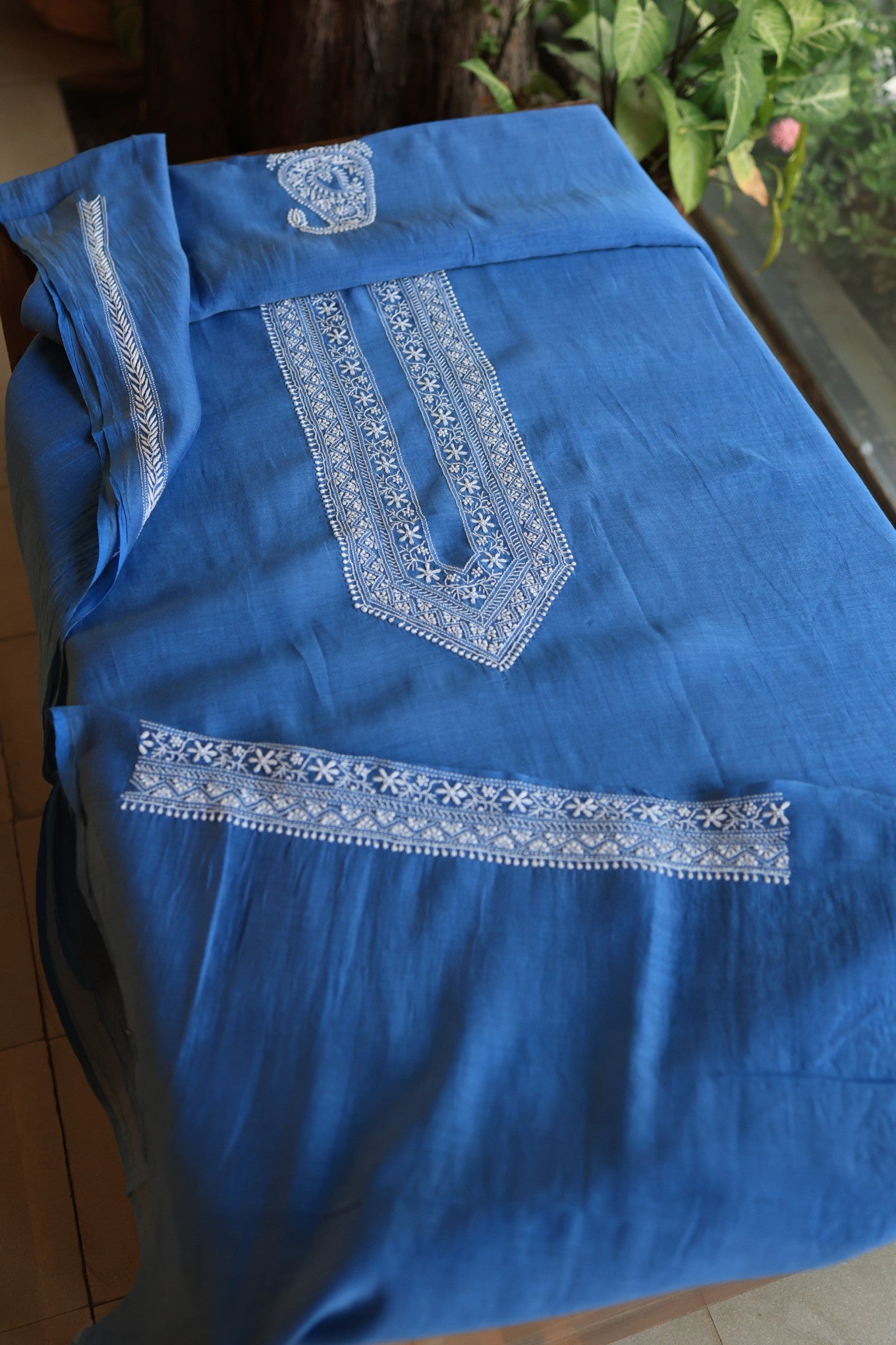 Muted Blue Mulmul Chikankari Unstitched Men's Kurtas Fabric