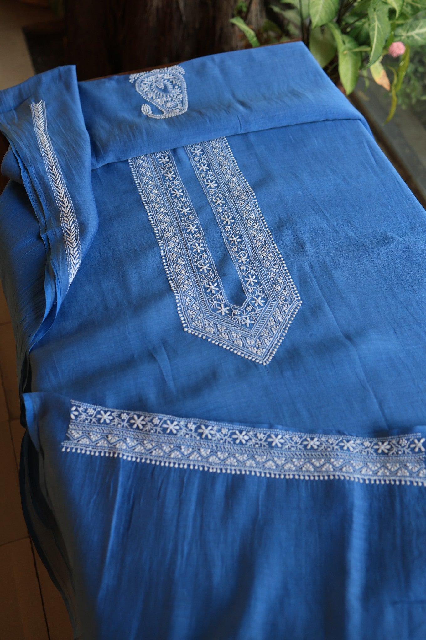 Muted Blue Mulmul Chikankari Unstitched Men's Kurtas Fabric