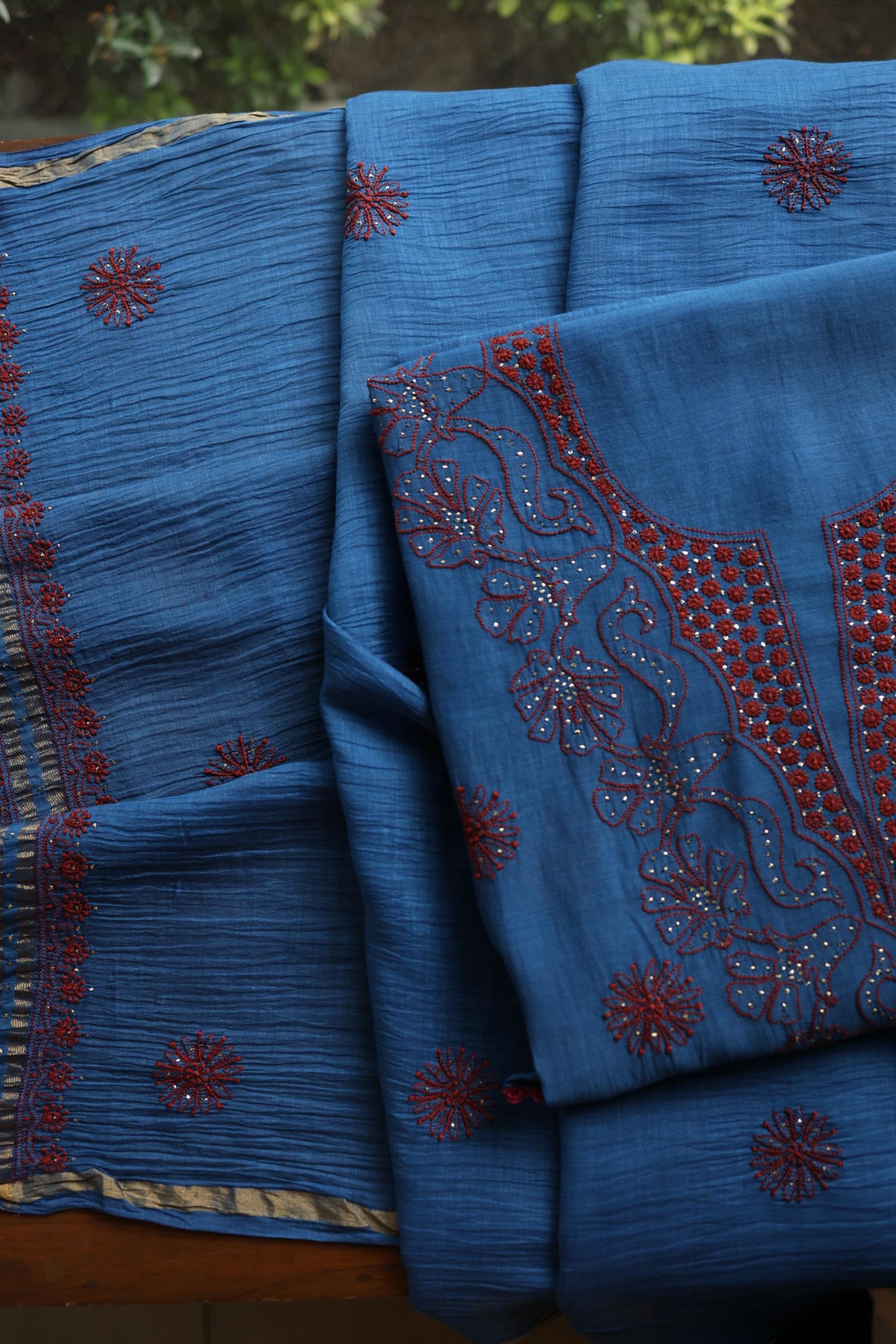 Muted Blue Shade Mal Cotton Fine Chikankari With Kamdani Work Unstitched Fabric