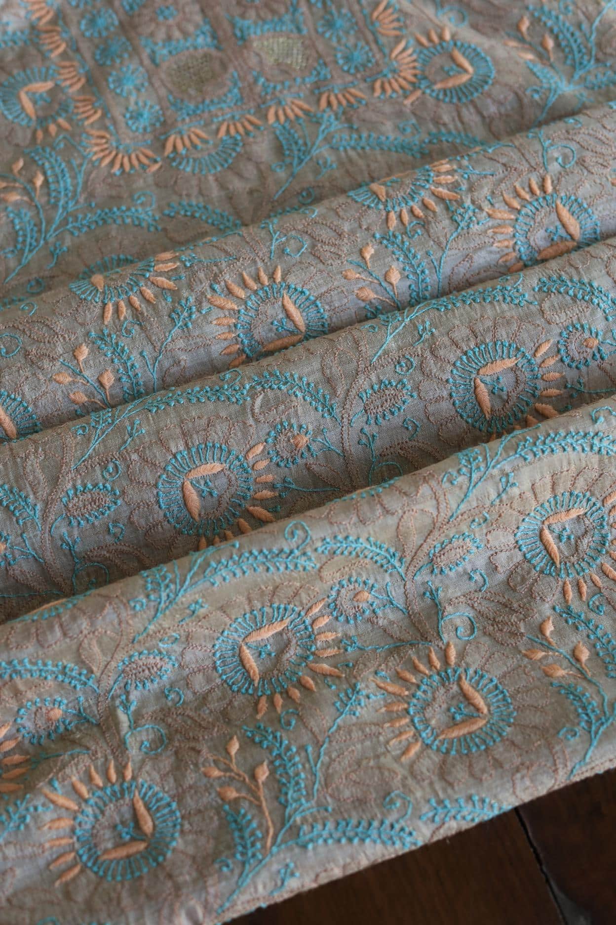 Natural Tussar Resham Chikankari Unstitched Kurta Dupatta Set