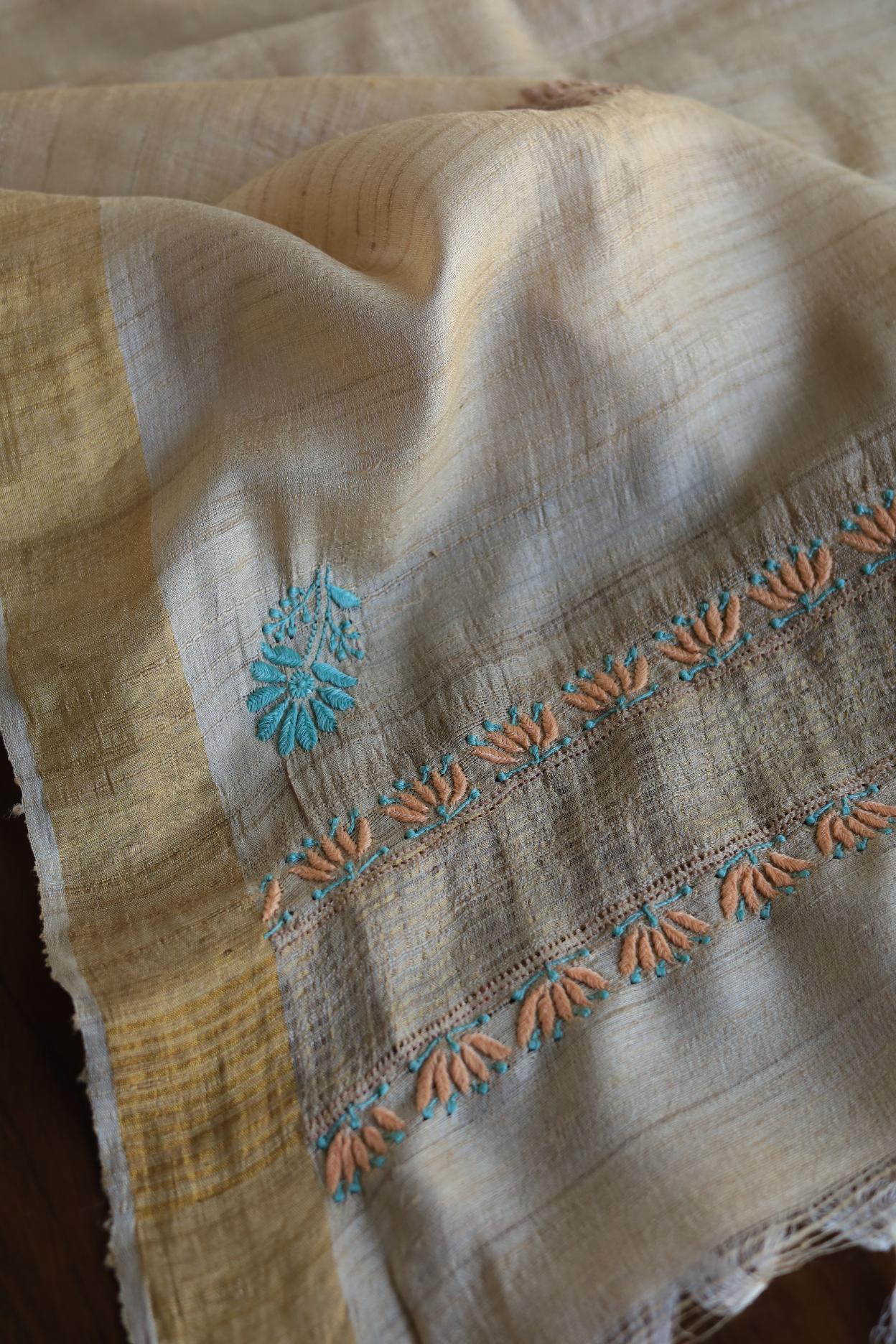 Natural Tussar Resham Chikankari Unstitched Kurta Dupatta Set