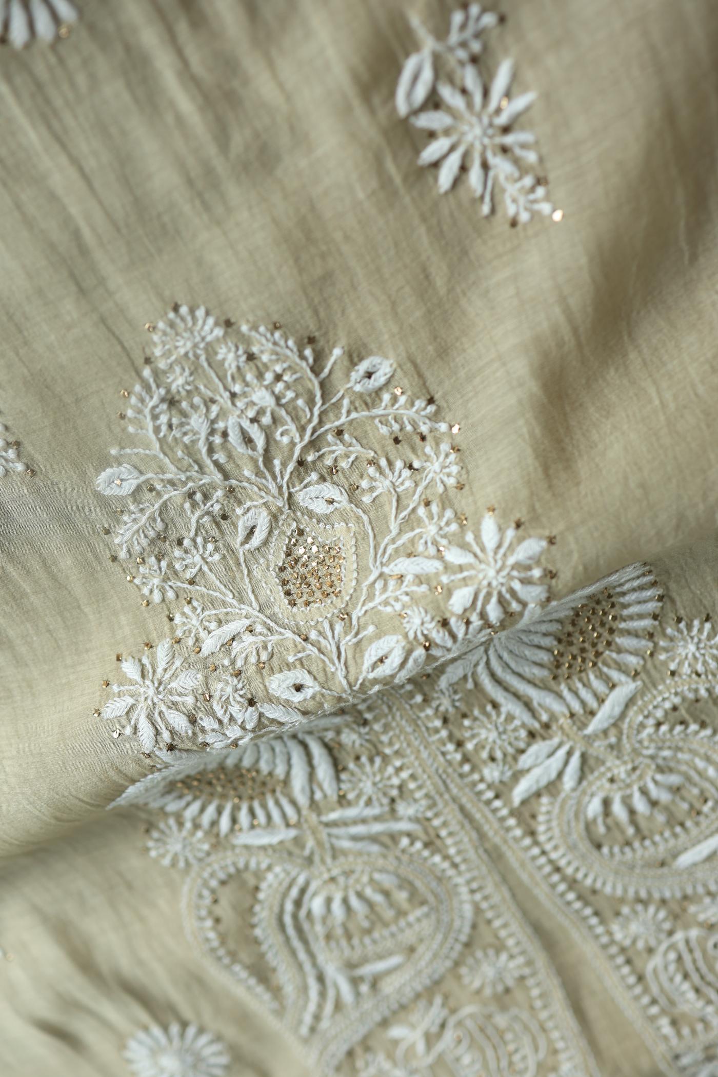 Natural Beige Mal Cotton Chikankari Unstitched Kurta Dupatta Fabrics With Kamdani