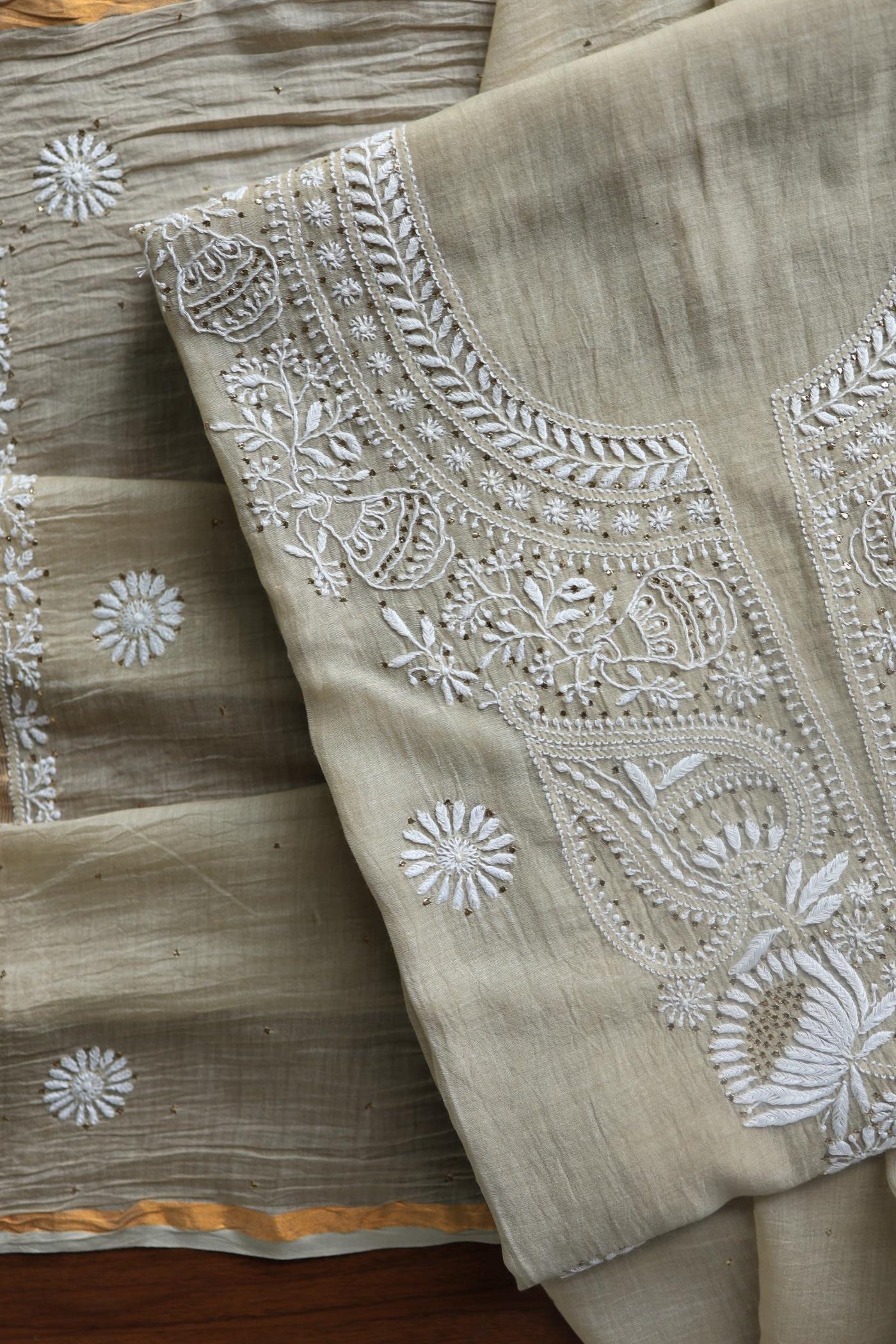 Natural Beige Mal Cotton Chikankari Unstitched Kurta Dupatta Fabrics With Kamdani