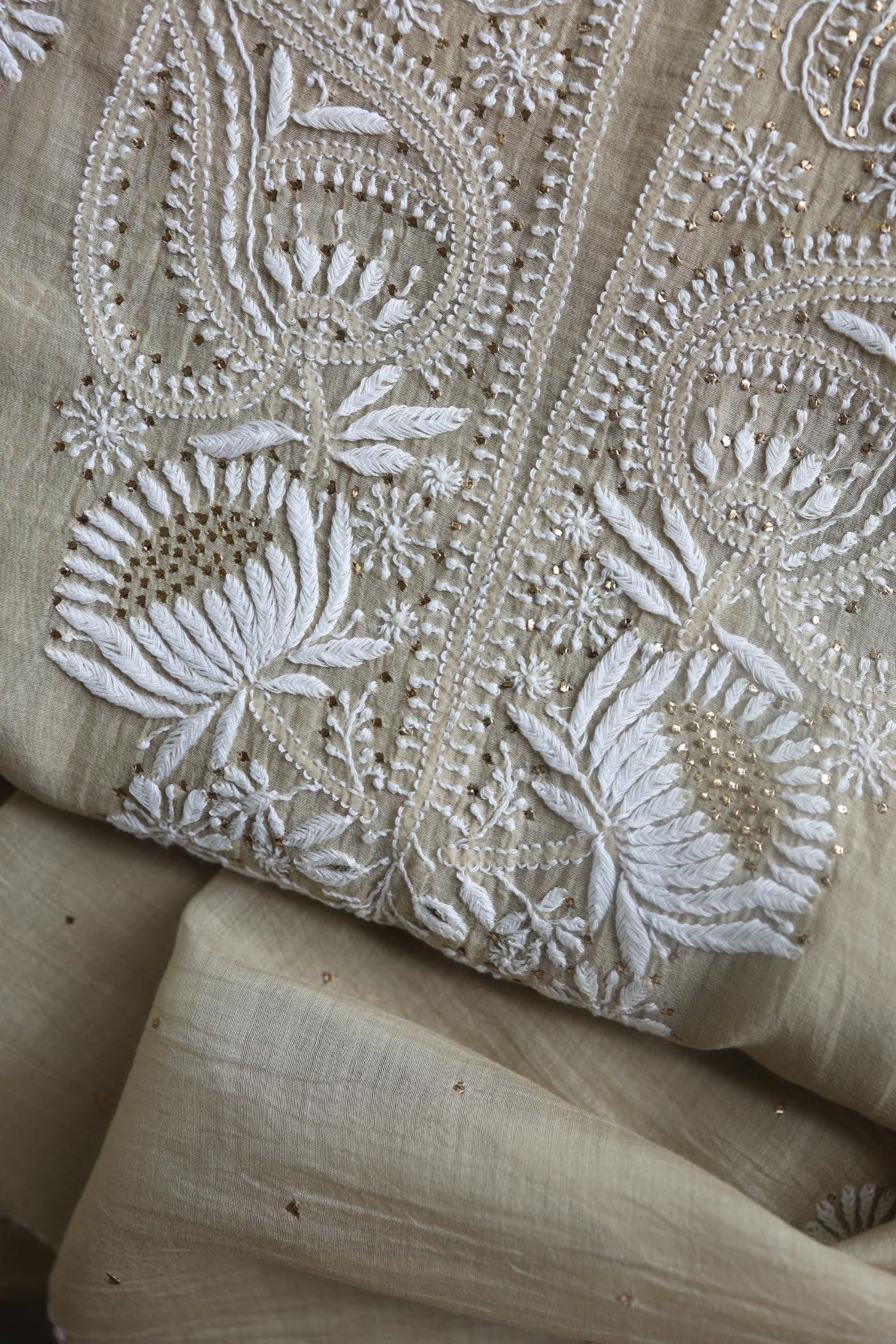 Natural Beige Mal Cotton Chikankari Unstitched Kurta Dupatta Fabrics With Kamdani