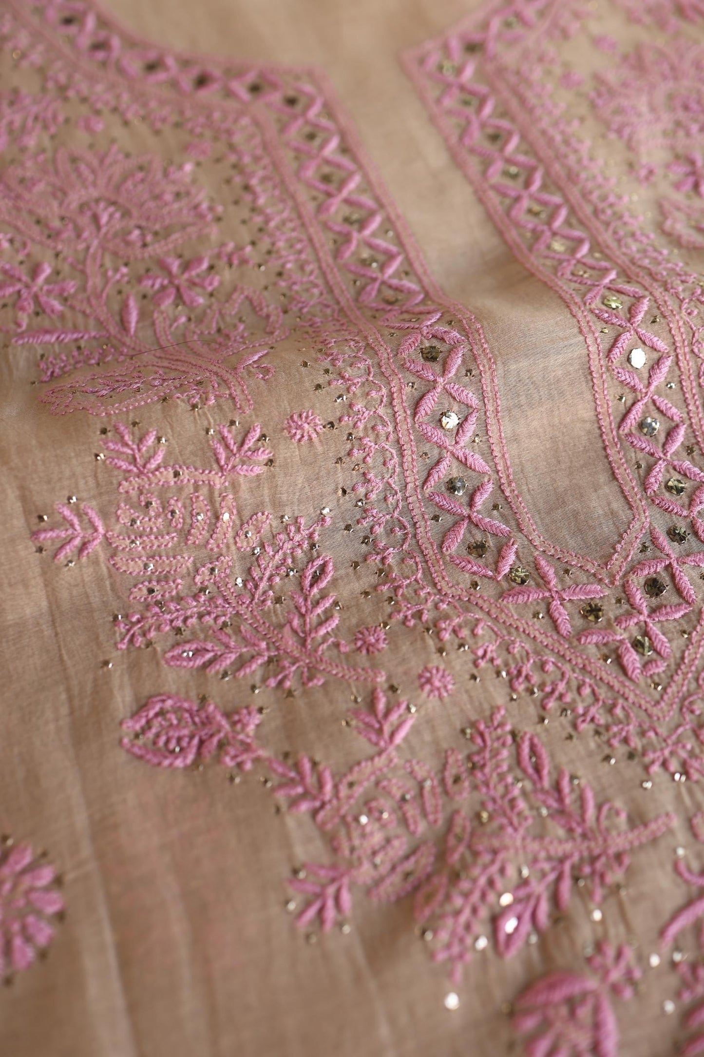 Natural Beige Mal Cotton Fine Chikankari With Kamdani Work Unstitched Fabric