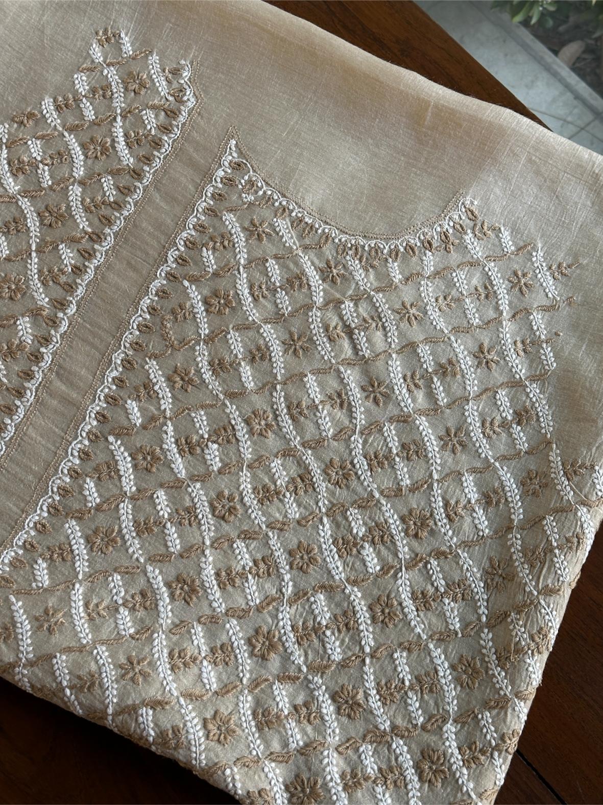 Natural Beige Moonga Silk Chikankari Unstitched Blouse Fabric